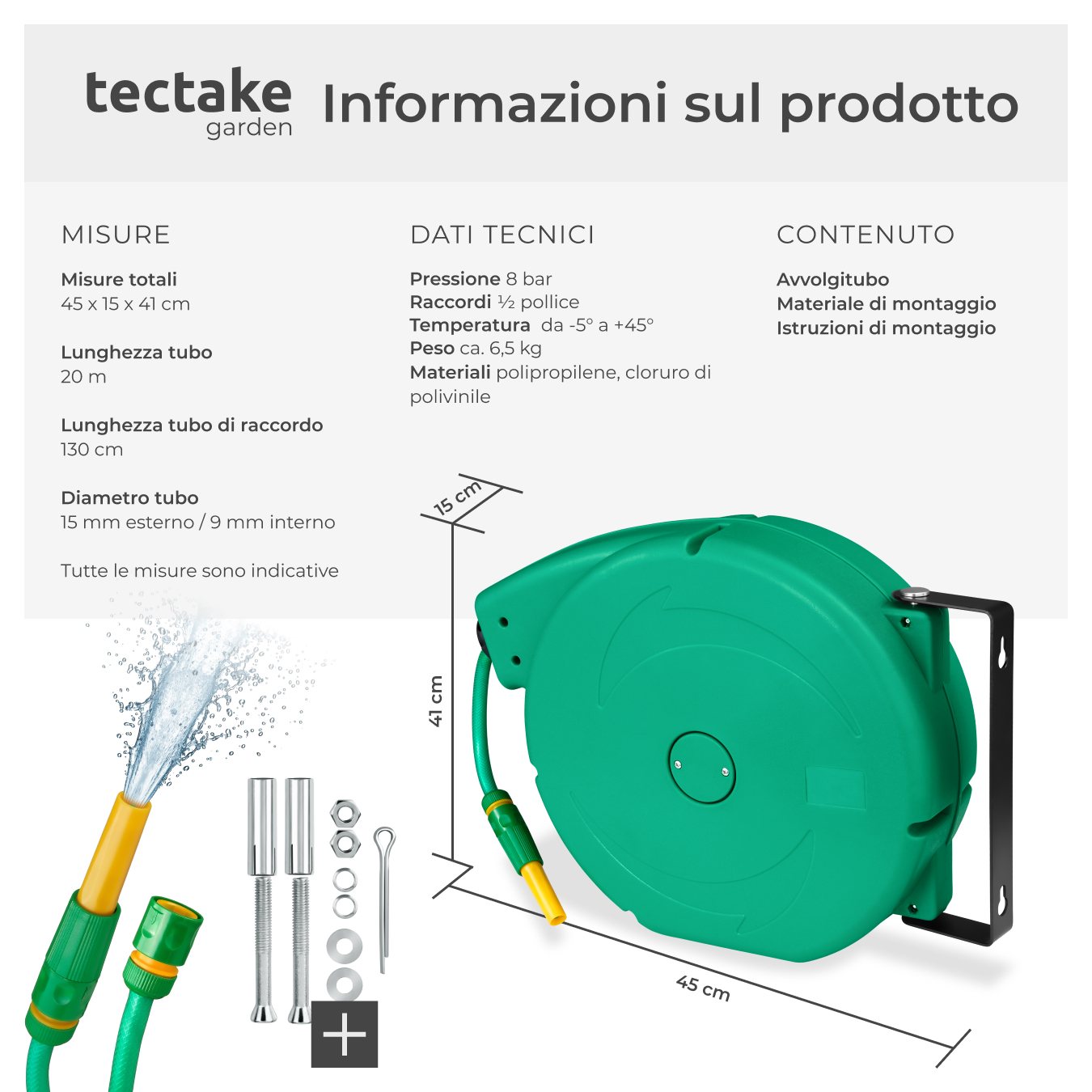 Avvolgitubo Tubo da giardino da parete irrigazione Incl spruzzatore d’acqua 10m - Foto 19 di 25