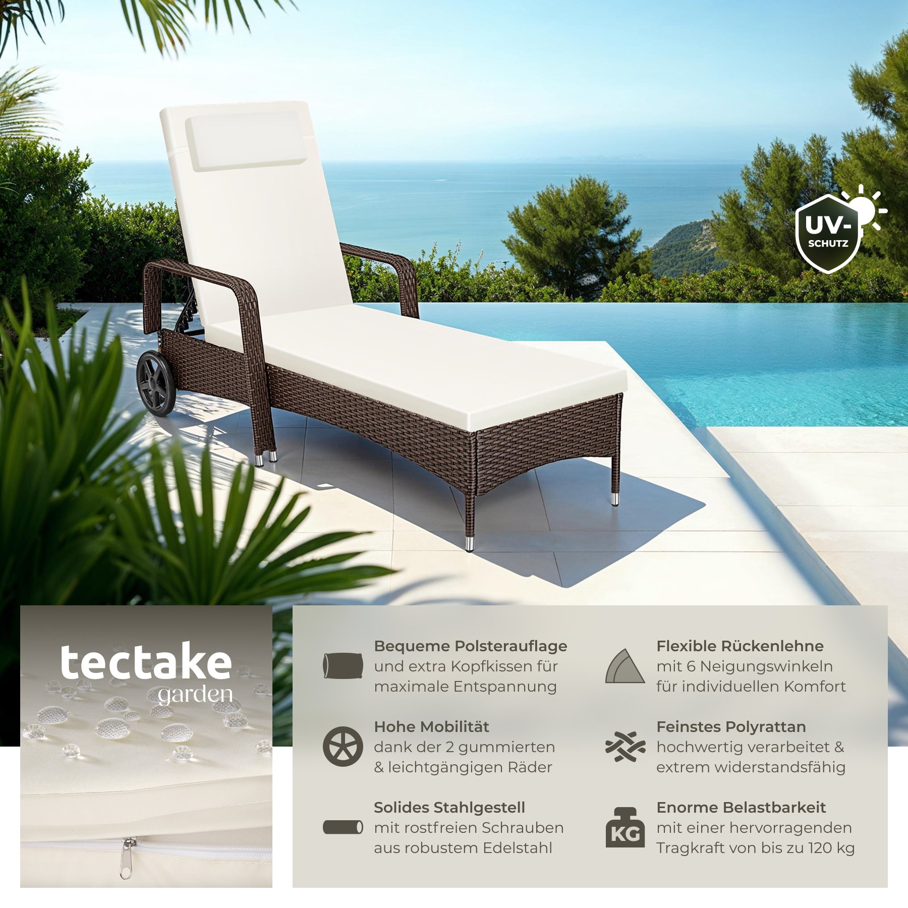 Sonnenliege klappbar Gartenliege Polyrattan Liegestuhl Strandliege robust 200 cm - Bild 87 von 145