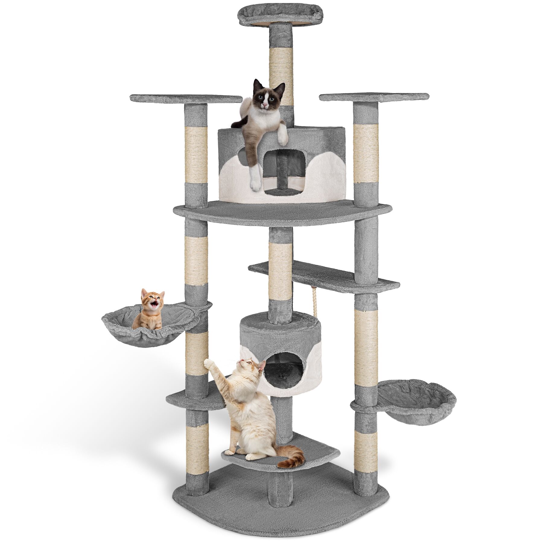 Cat Tree Fippi - 201 cm tall, sisal cat scratching post, toy & anti-tip bracket - grey/white | tectake