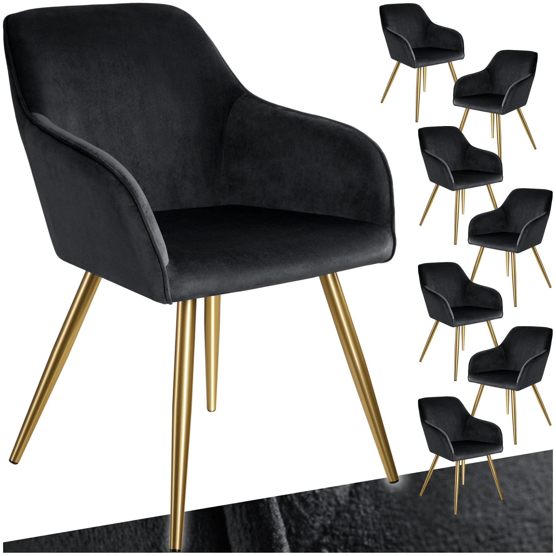 Esszimmerstuhl Marilyn Samtoptik, goldene Stuhlbeine - schwarz/gold, 8er Set