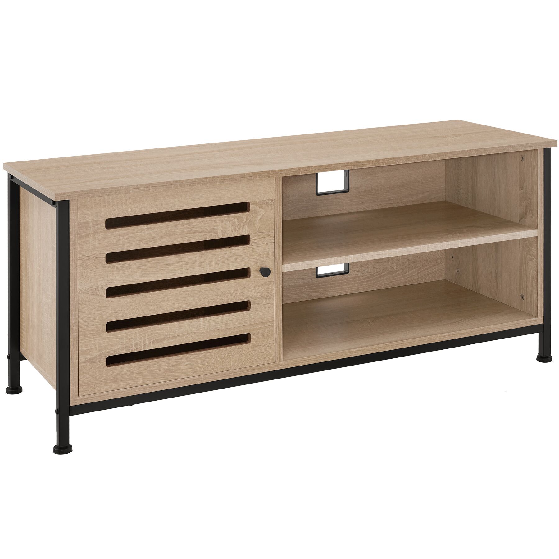 TV Stand - lowboard cabinet, 2 shelves, storage compartment with door, 2 cable cutouts - industrial wood light, oak Sonoma