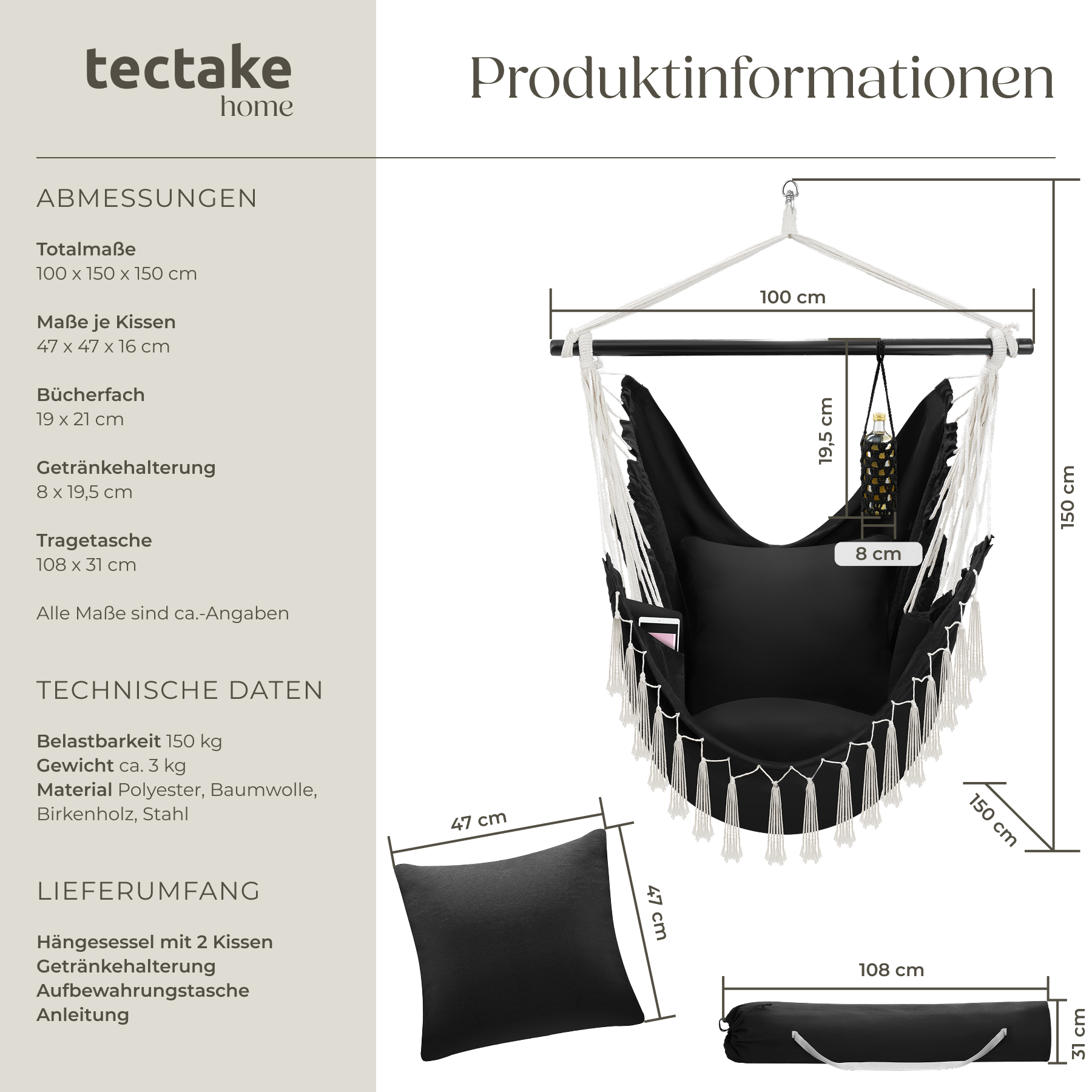 Hängesessel mit Gestell Hängeschaukel 150kg Hängekorb 2 Kissen Indoor Outdoor