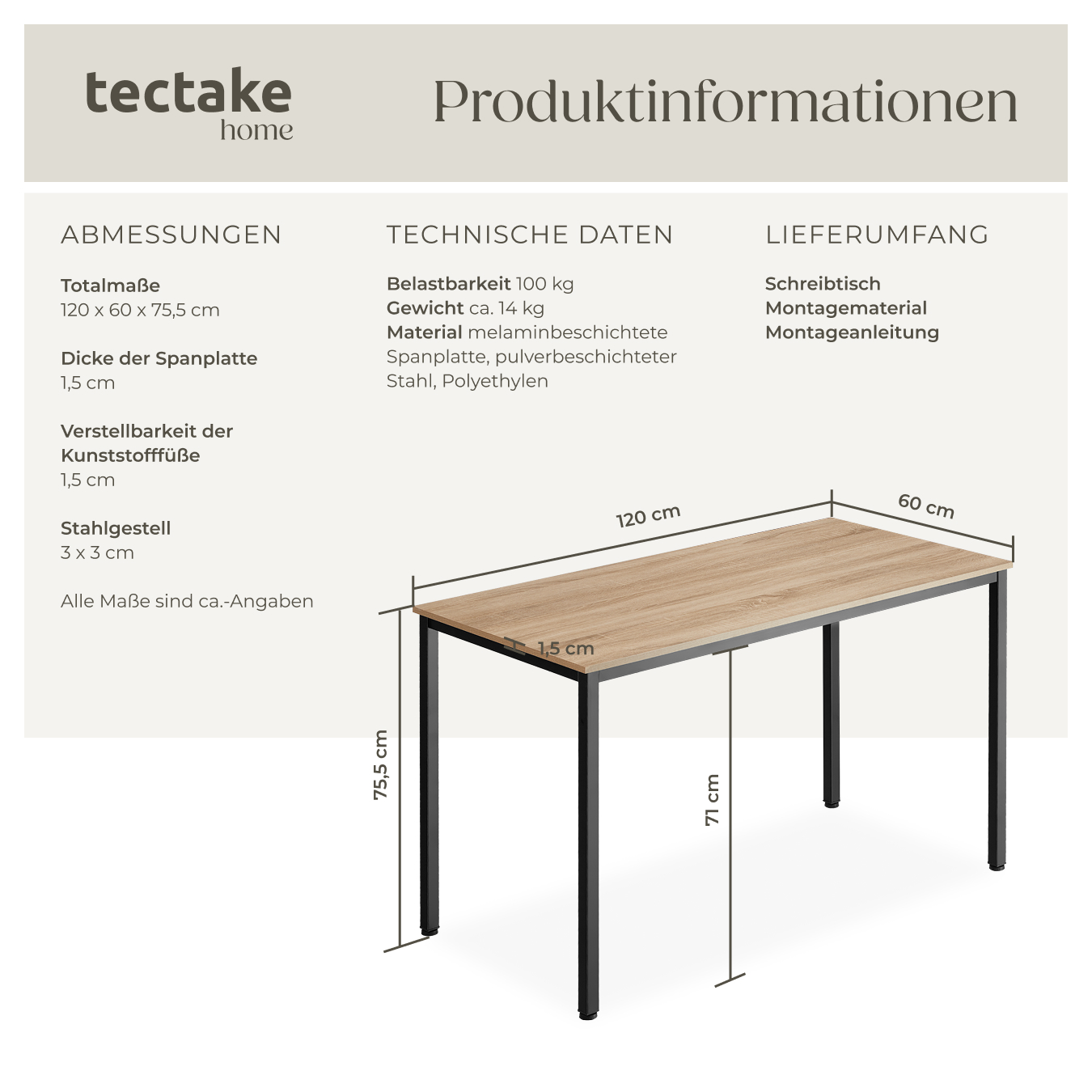Schreibtisch Bürotisch Esstisch Tisch Industrial Design Holz Metall 120 x 60 cm