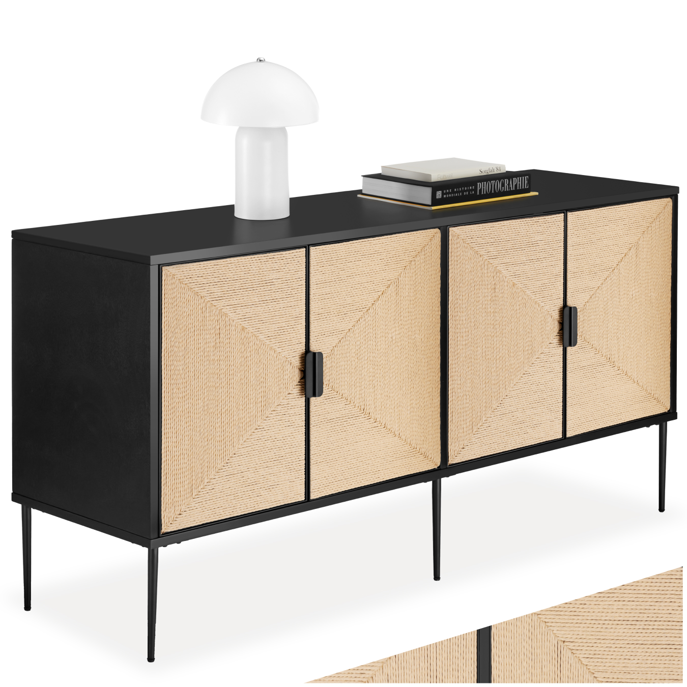 Sideboard Juna with 2 Cabinets, 4 Jute Doors and Mid-Century Modern Design - black/brown
