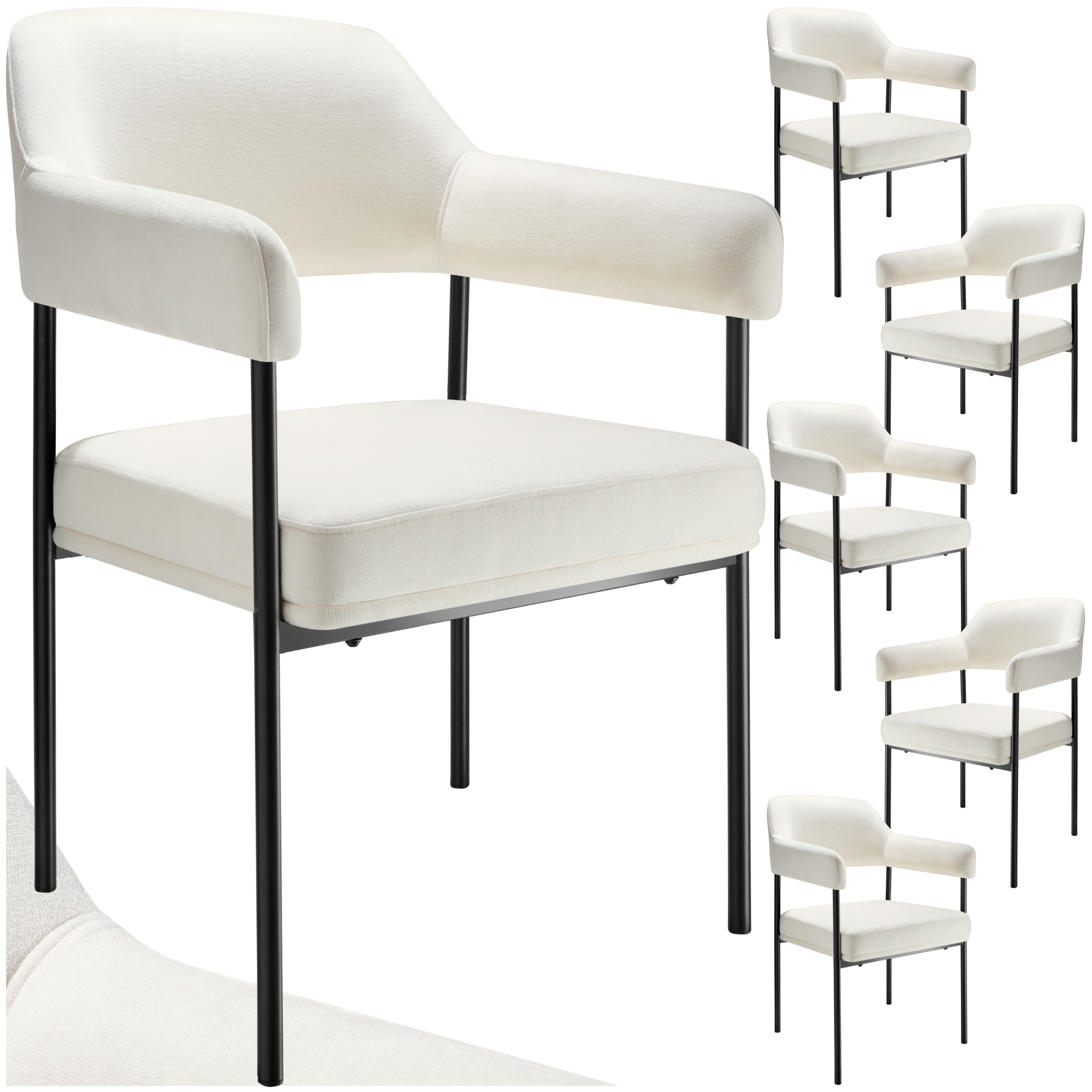 Fauteuil DOÉ rembourré avec pieds en acier - Tissu blanc cassé/noir, Lot de 6 de tectake