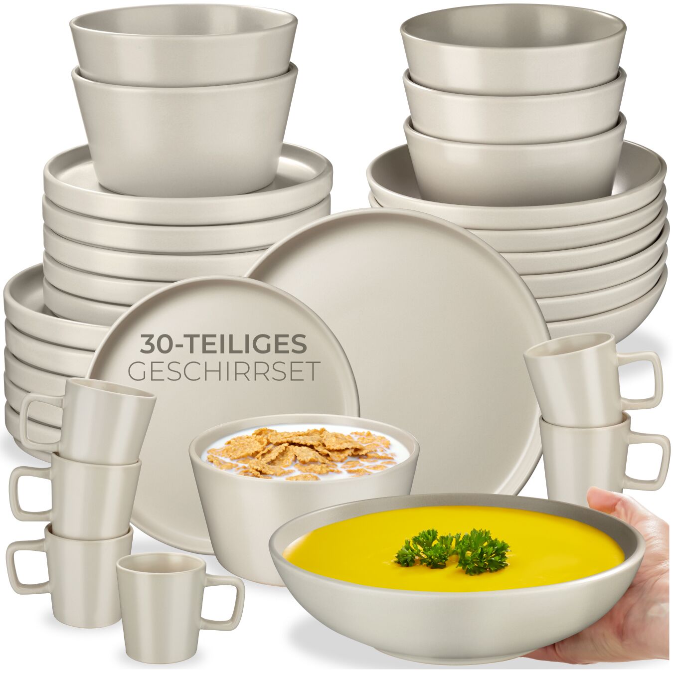 Geschirrset Una, aus Steingut, für 6 Personen - 30-tlg., taupe