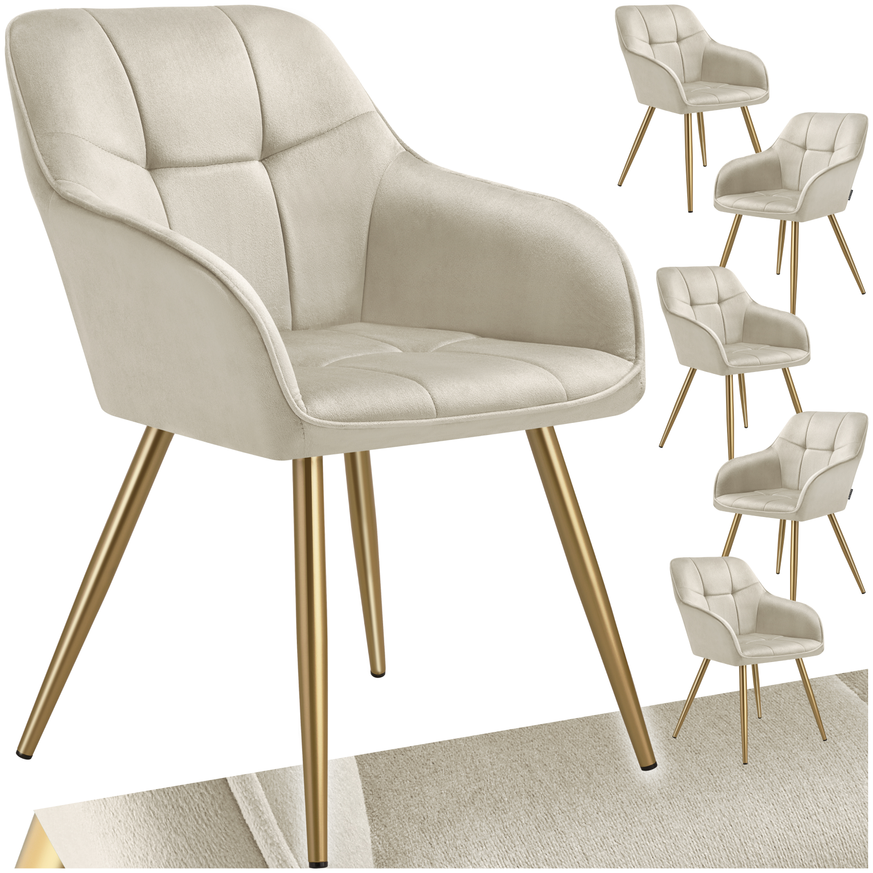 Chair Marilyn - quilted velvet look, continuous backrest, golden steel legs - cream/gold, Set of 6 | tectake