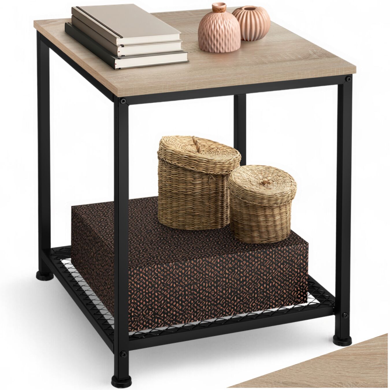 Bedside Table Derby - industrial style, with grid shelf, 45.5 x 45.5 x 55.5 cm - industrial wood light, oak Sonoma