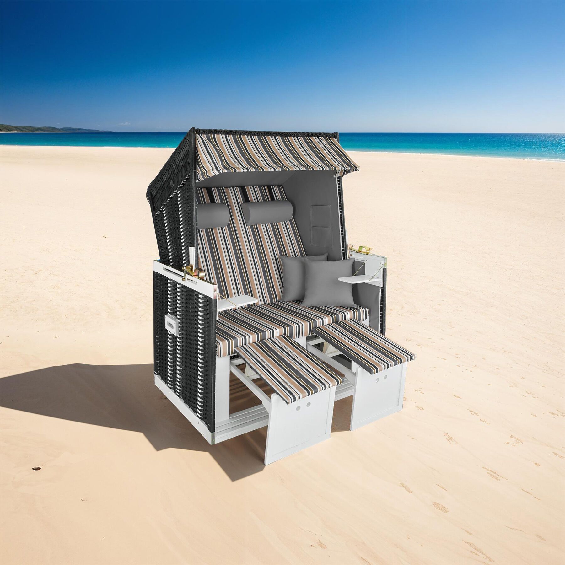 Wicker Chair Outdoor Beach Sunbed with Pillows Roofed Recline Sun Lounger - Picture 35 of 49
