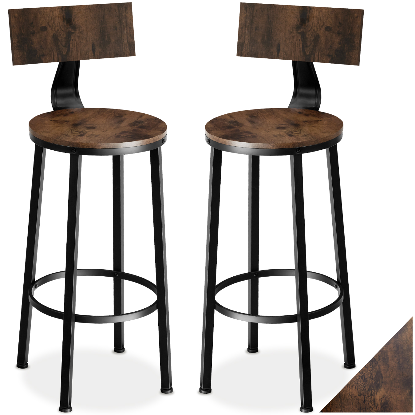2er Set Barhocker, mit Rückenlehne, Industrial Style, Holz und Stahl - dunkel | tectake