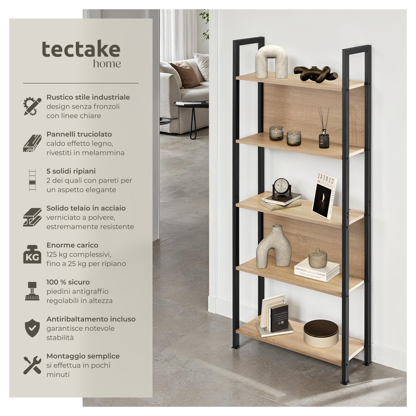 Scaffale scaffalatura alta libreria con 5 ripiani muro legno metallo industrial - Foto 15 di 25