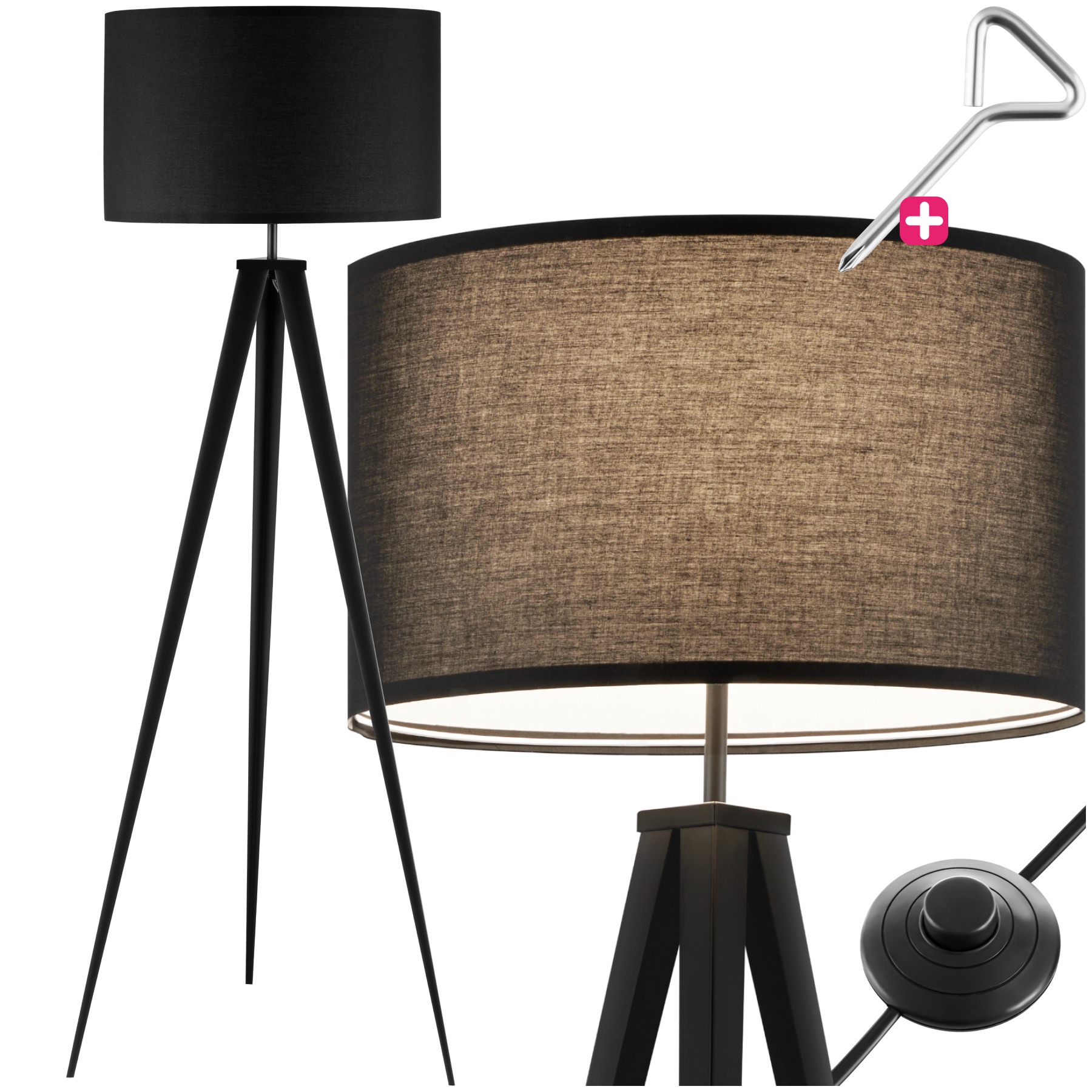 Lampa podłogowa Lunaris, tekstylny klosz, trójnożna rama - czarny | tectake