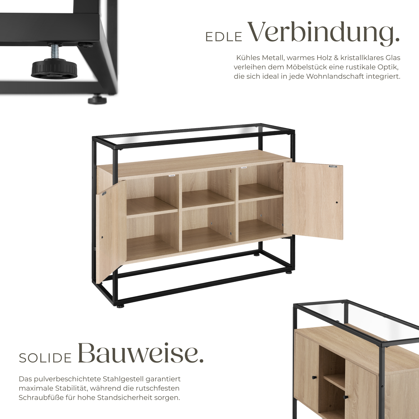 Sideboard Beistellschrank Küchenschrank mit Glasoberfläche Holz Metall Industrie