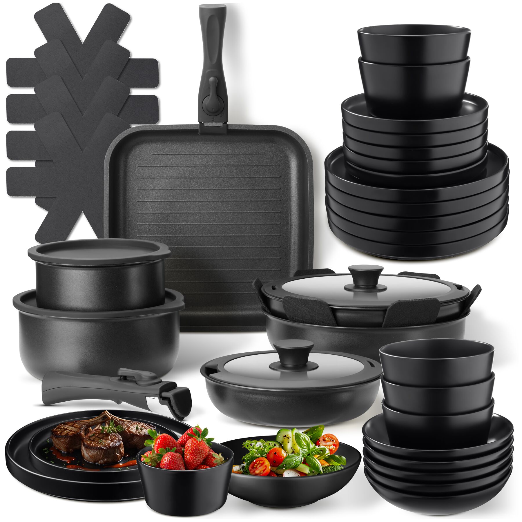 Juego básico de cocina para 6 personas con vajilla, ollas y más - negro, Set de 41 piezas | tectake