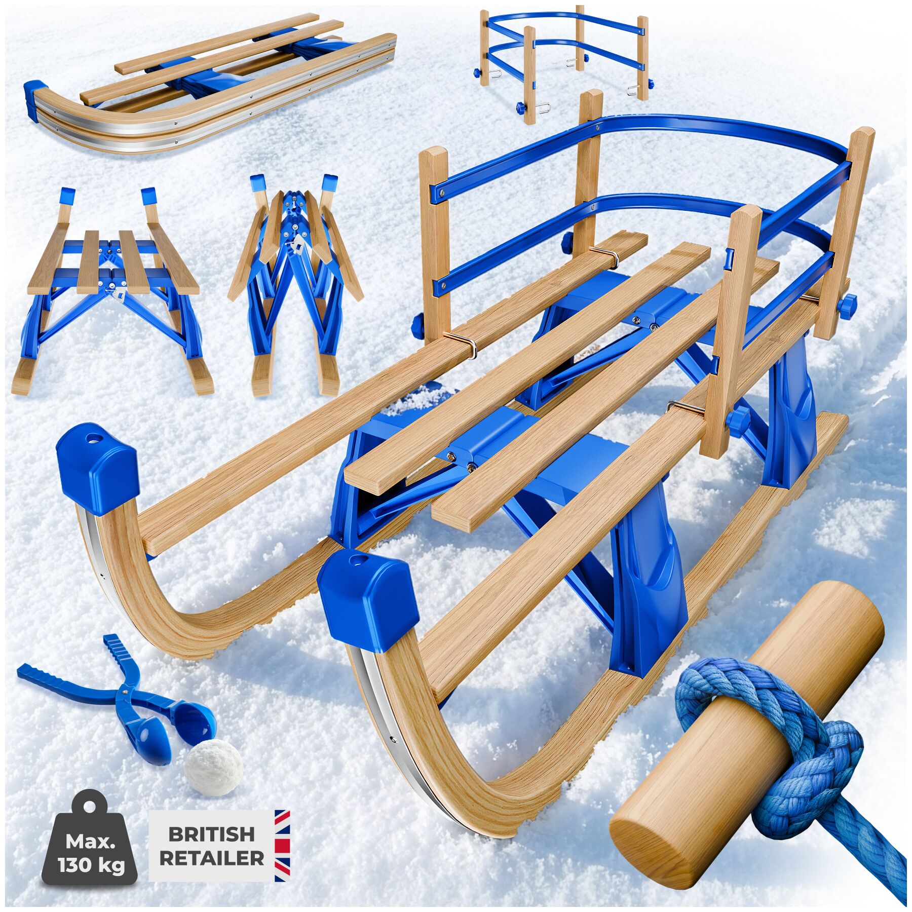 Sledge Vivian - wood slats, foldable, removable backrest and pull rope - brown | tectake