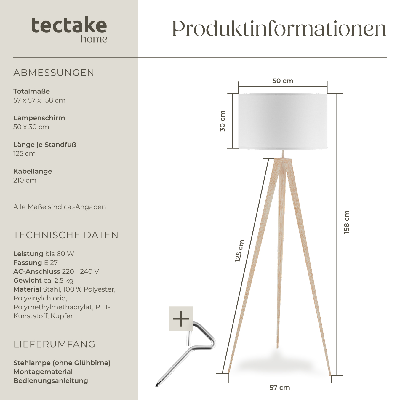 Dreibein Stehleuchte Textilschirm Lampe Beleuchtung Stehlampe Standleuchte 60W