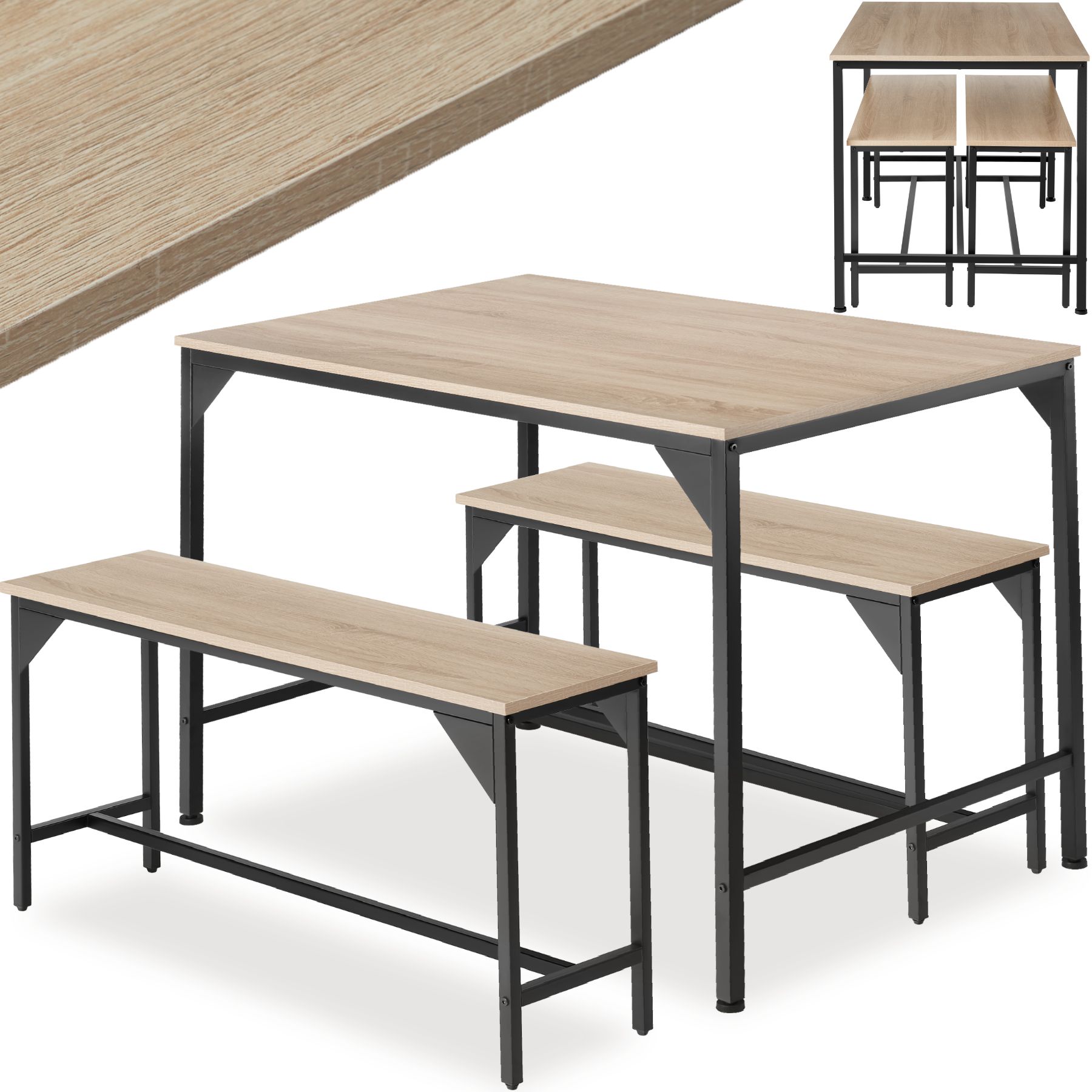 Ensemble de salle à manger BOLTON 1 Table + 2 Bancs Style Vintage - Bois clair industriel, Chêne Sonoma