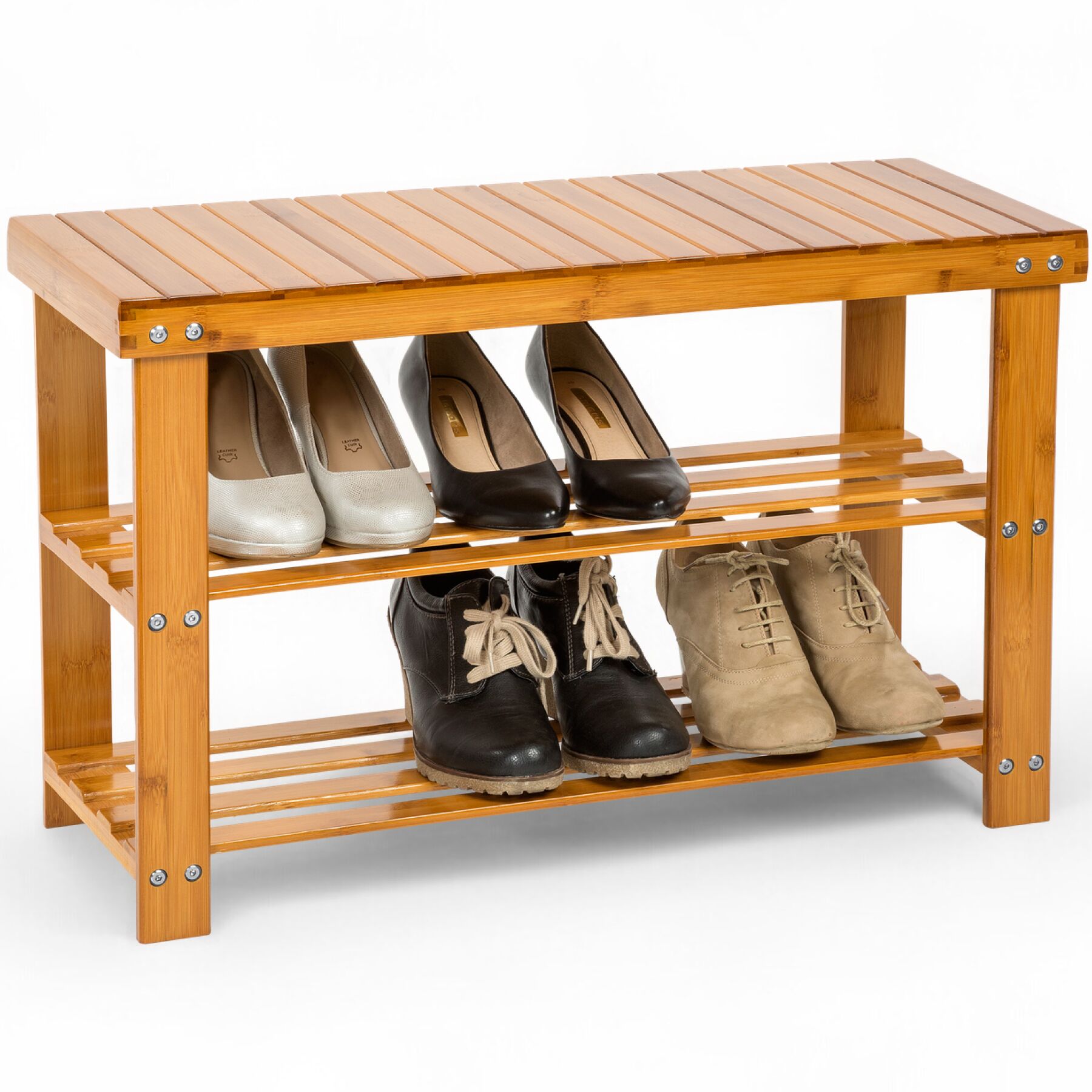 Bambusowa ławka do butów z 2 poziomami i ławką 70x28x45,5cm - brązowy | tectake