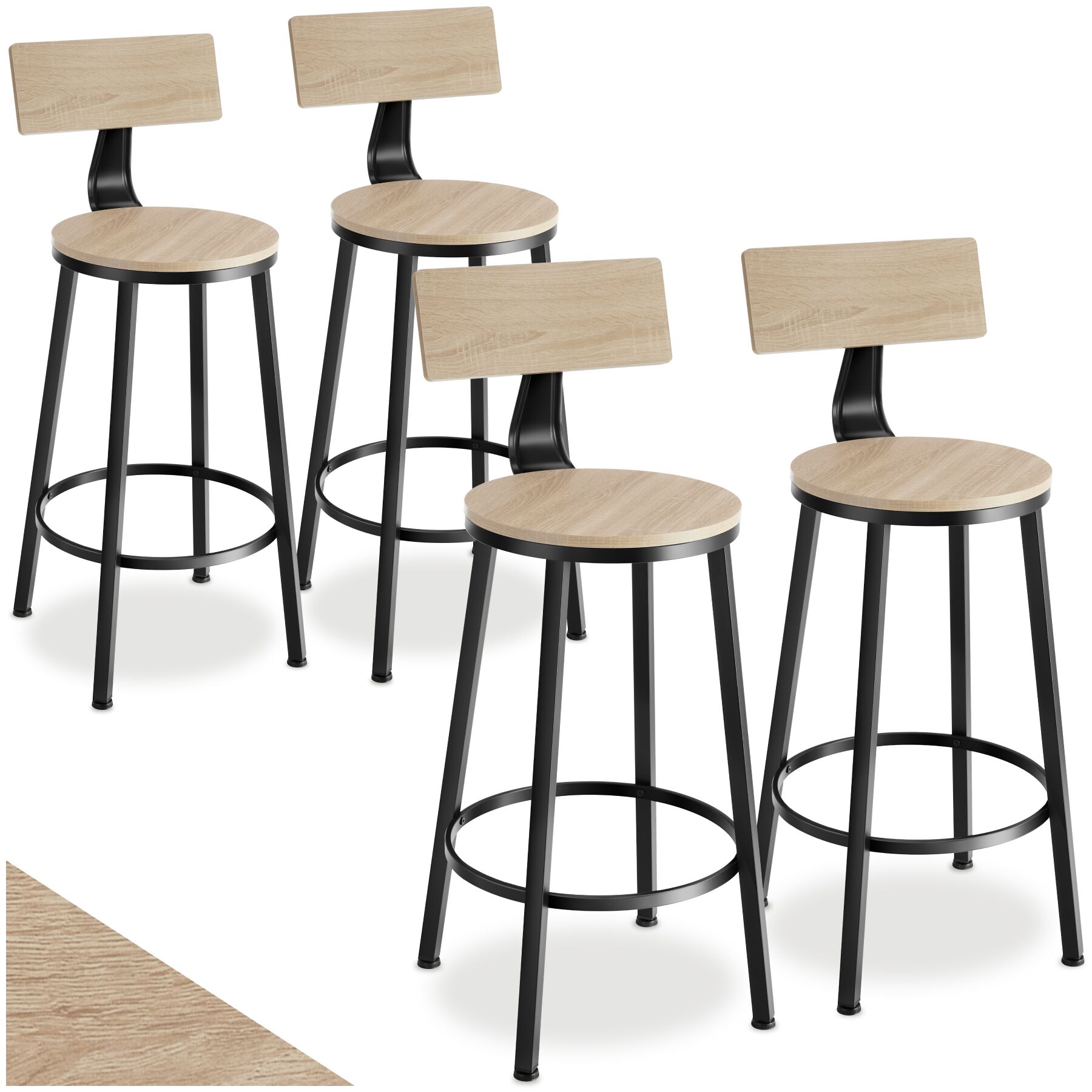 Bar Stools Poole with Backrest in Industrial Style - industrial wood light, oak Sonoma | tectake