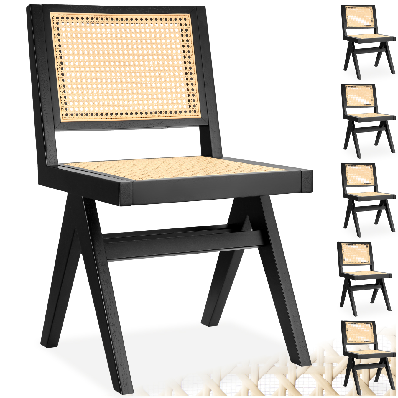 Houten stoel Lizzy met Weens vlechtwerk in boho-stijl - zwart, Set van 6