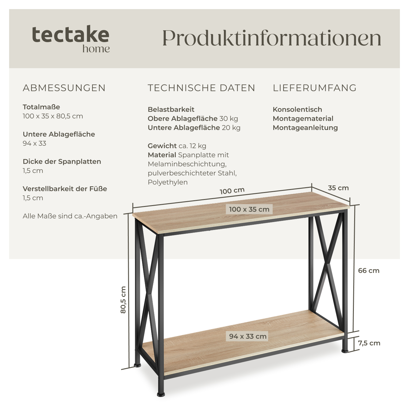 Konsolentisch Flurtisch 100 x 35 x 80,5 cm Beistelltisch Holz Metall Industrie