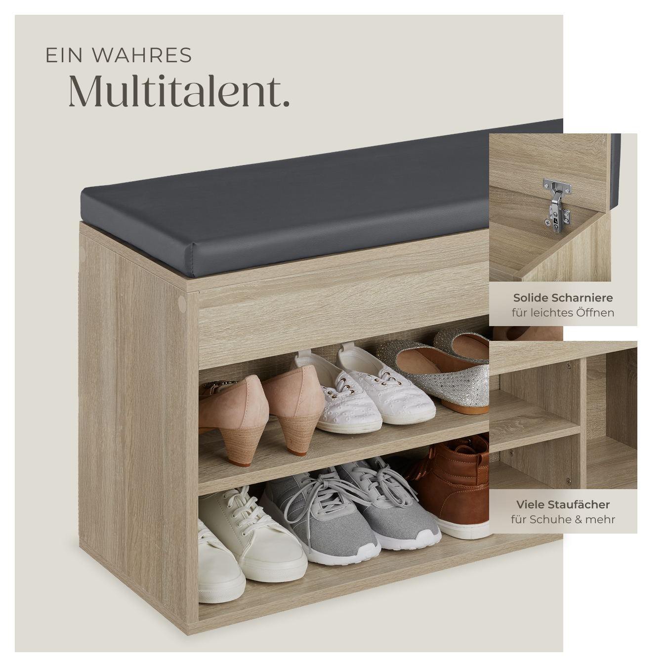 Schuhbank mit Sitzkissen Holz Schuhschrank Schuhregal Sitzfläche Klappfach 104cm - Bild 29 von 37