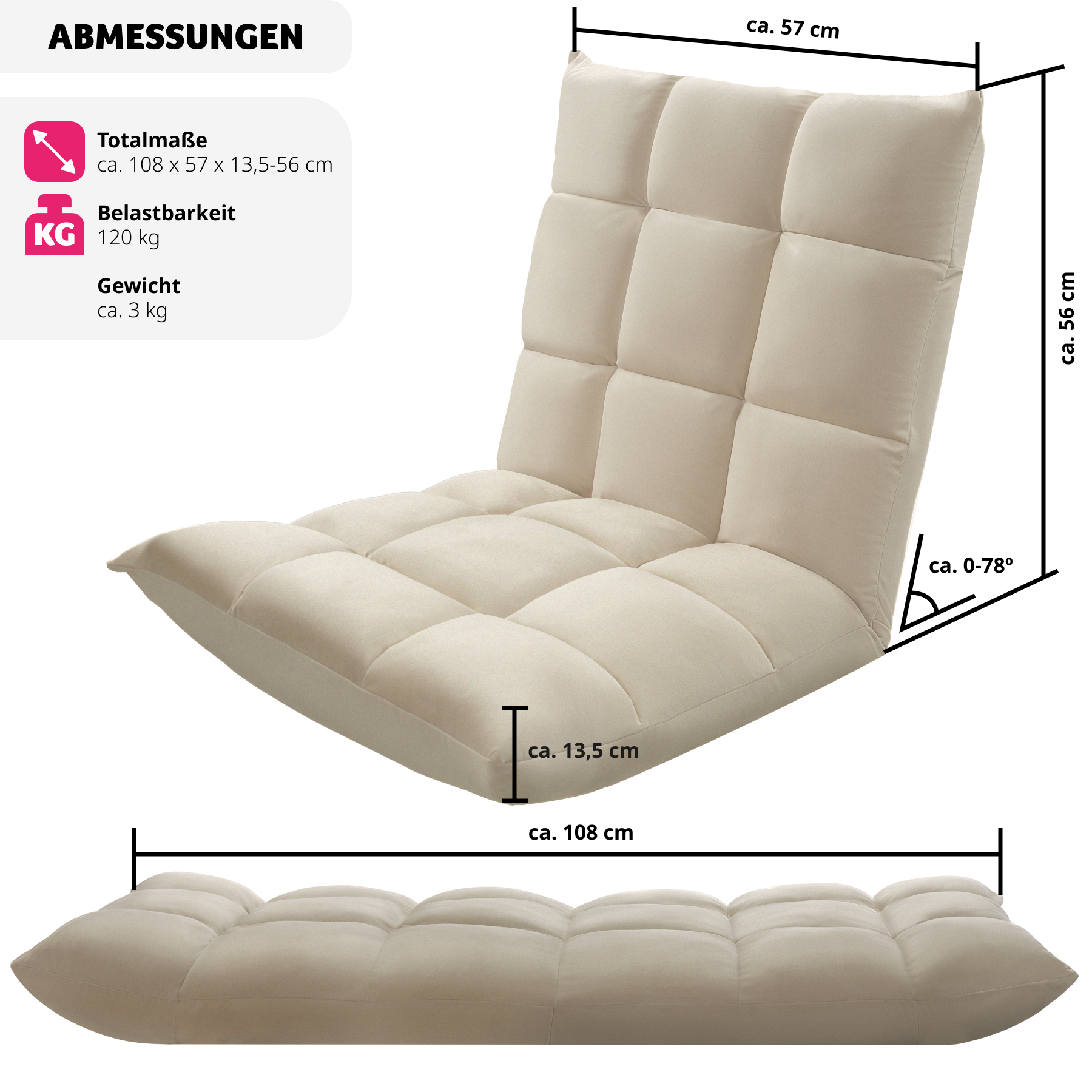 Bodensessel 2-in-1 Relaxsessel Klappbar Bodenstuhl 14-fach Verstellbar 120kg