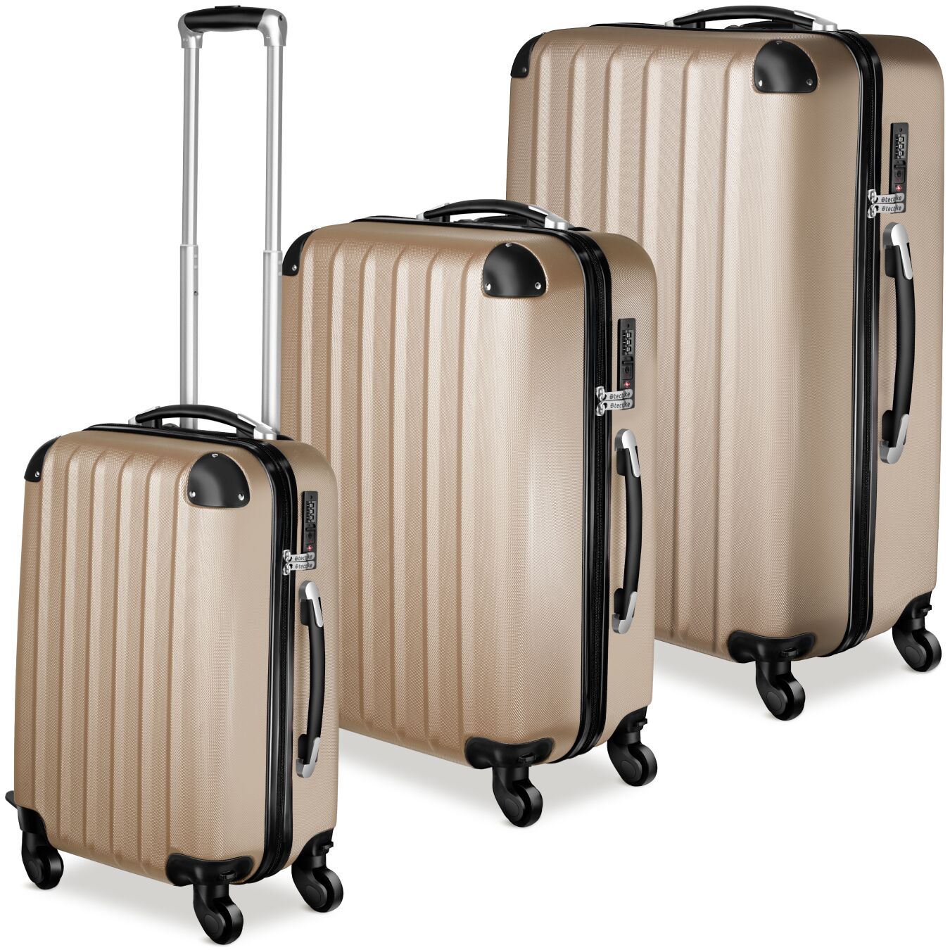 Suitcase Set - 3 hard-shell suitcases with telescopic handle, swivel wheels - champagne | tectake