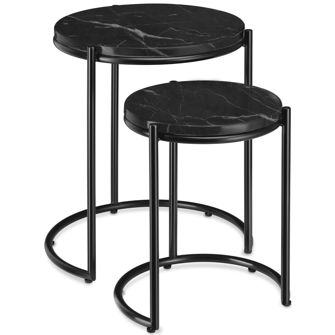Side Table Ellsa - marble top, steel frame, elegant design - black/black, Set of 2