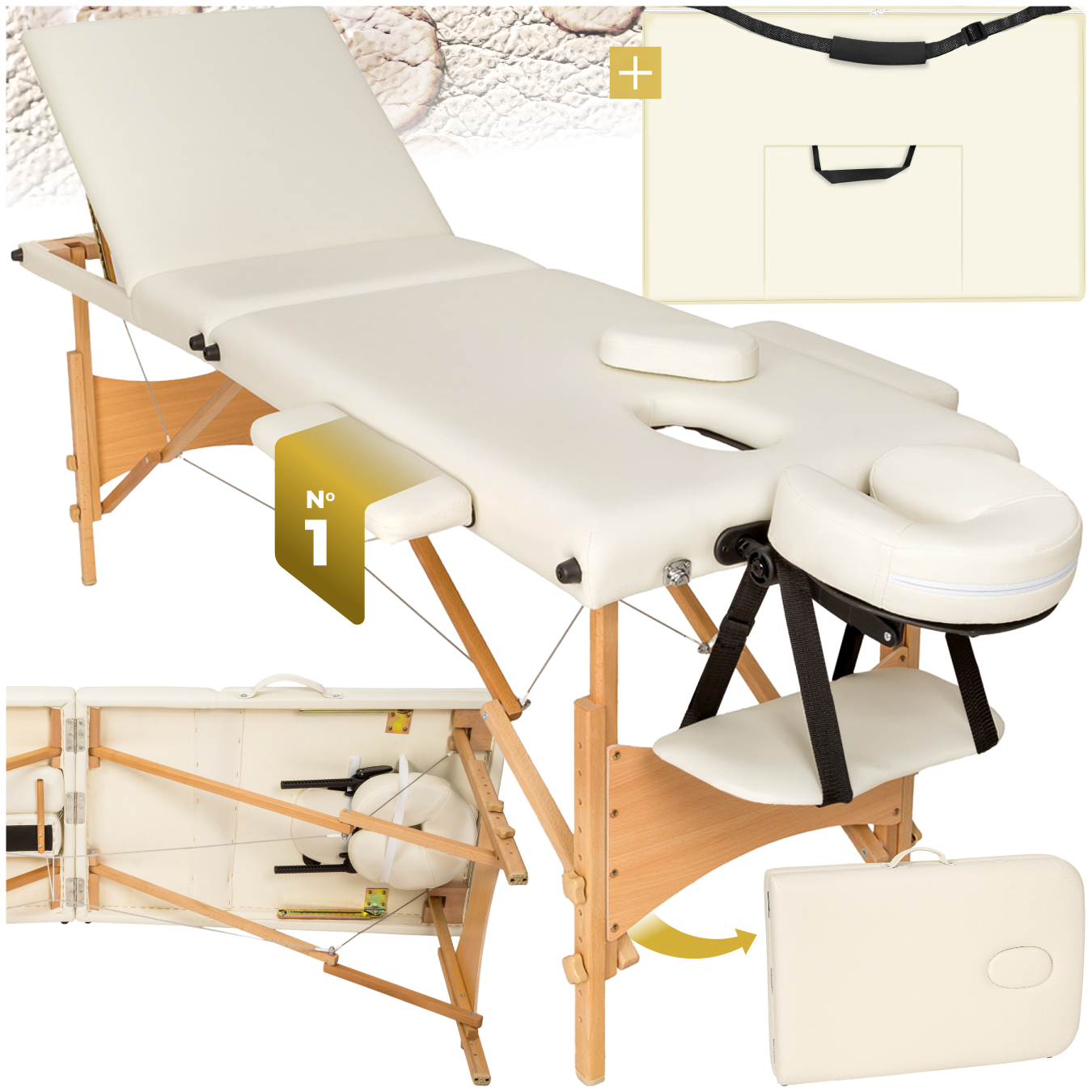 Table de massage pliante 3 Zones Bois, cosmétique, portable - beige | tectake