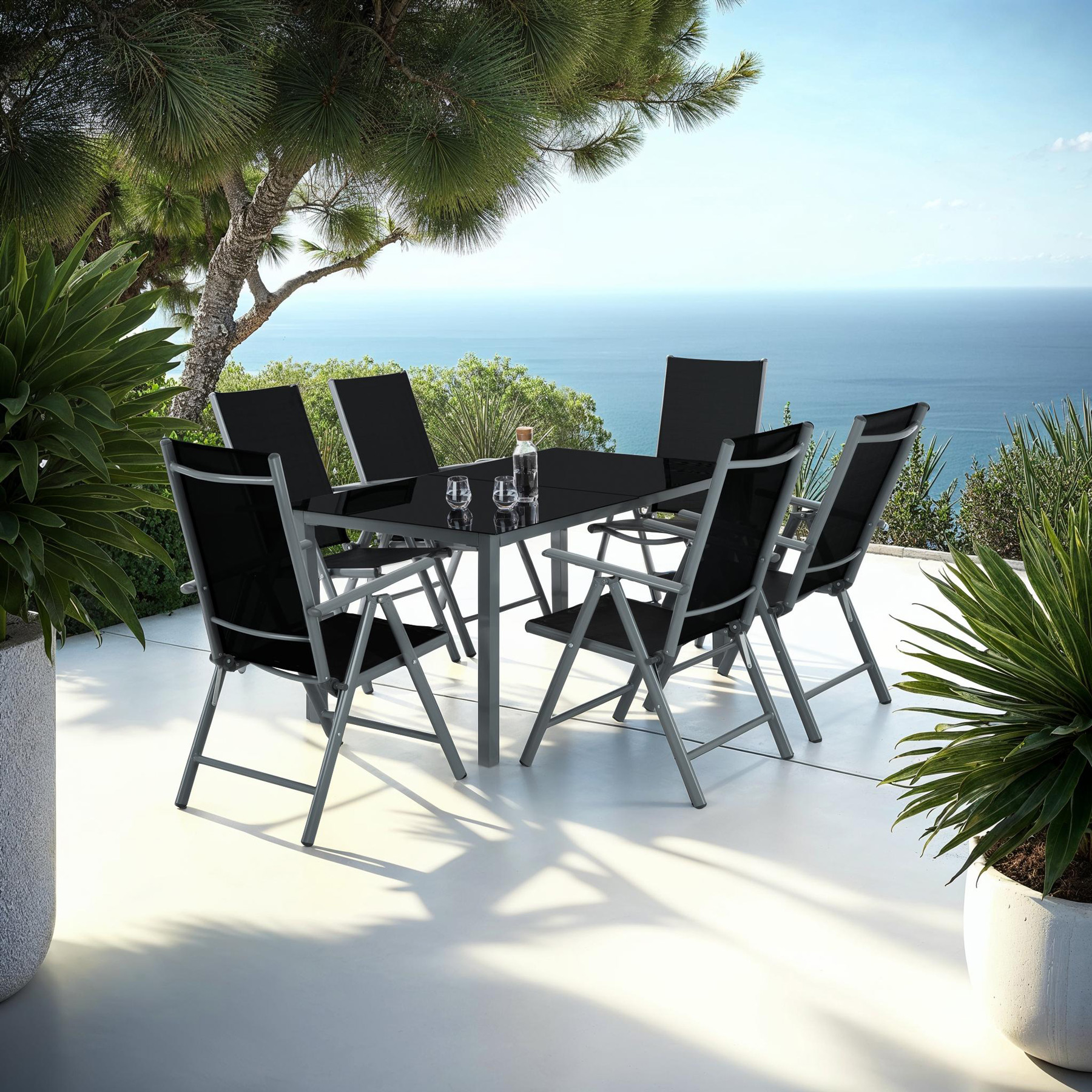 Set Mobili Da Giardino 6+1 Sedie Pieghevoli Resistenti Tavolo Piano In Vetro - Foto 13 di 25