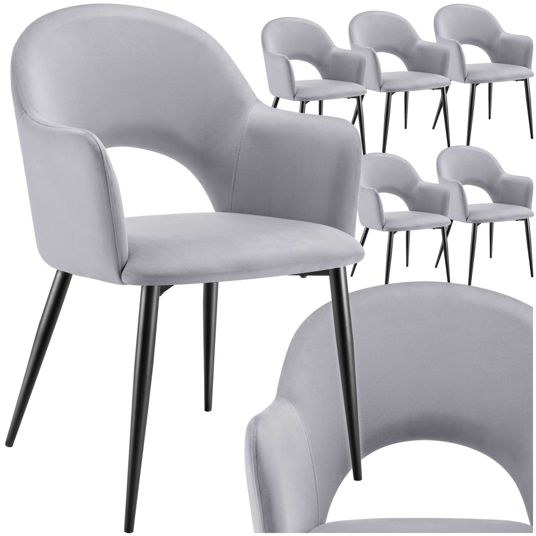 Fauteuil rembourré SACHEL aspect velours capacité de 120 kg - gris clair, Lot de 6 de tectake