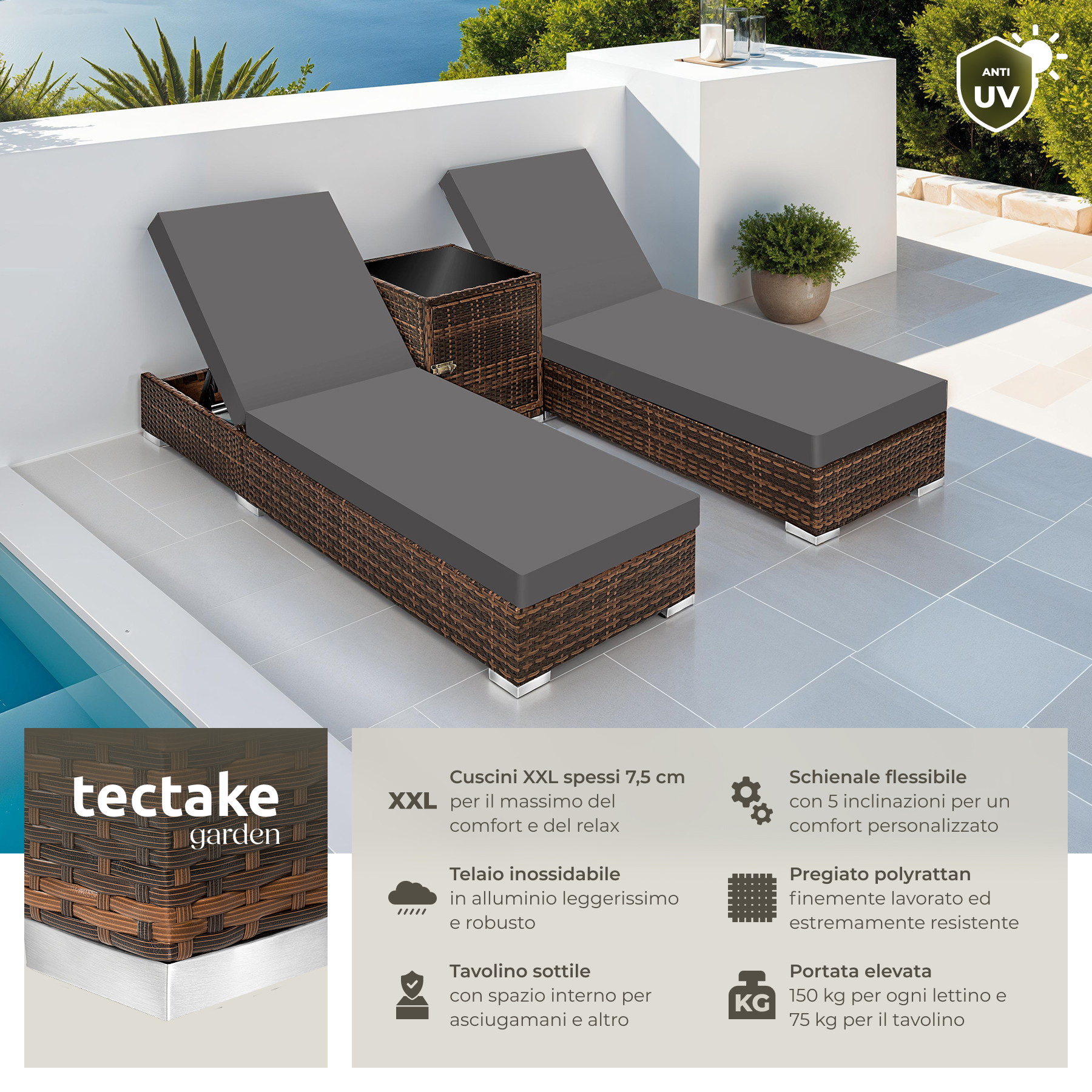 2 x sdraio in polyrattan + tavolo alluminio giardino rattan lettino mobili telo - Foto 3 di 67
