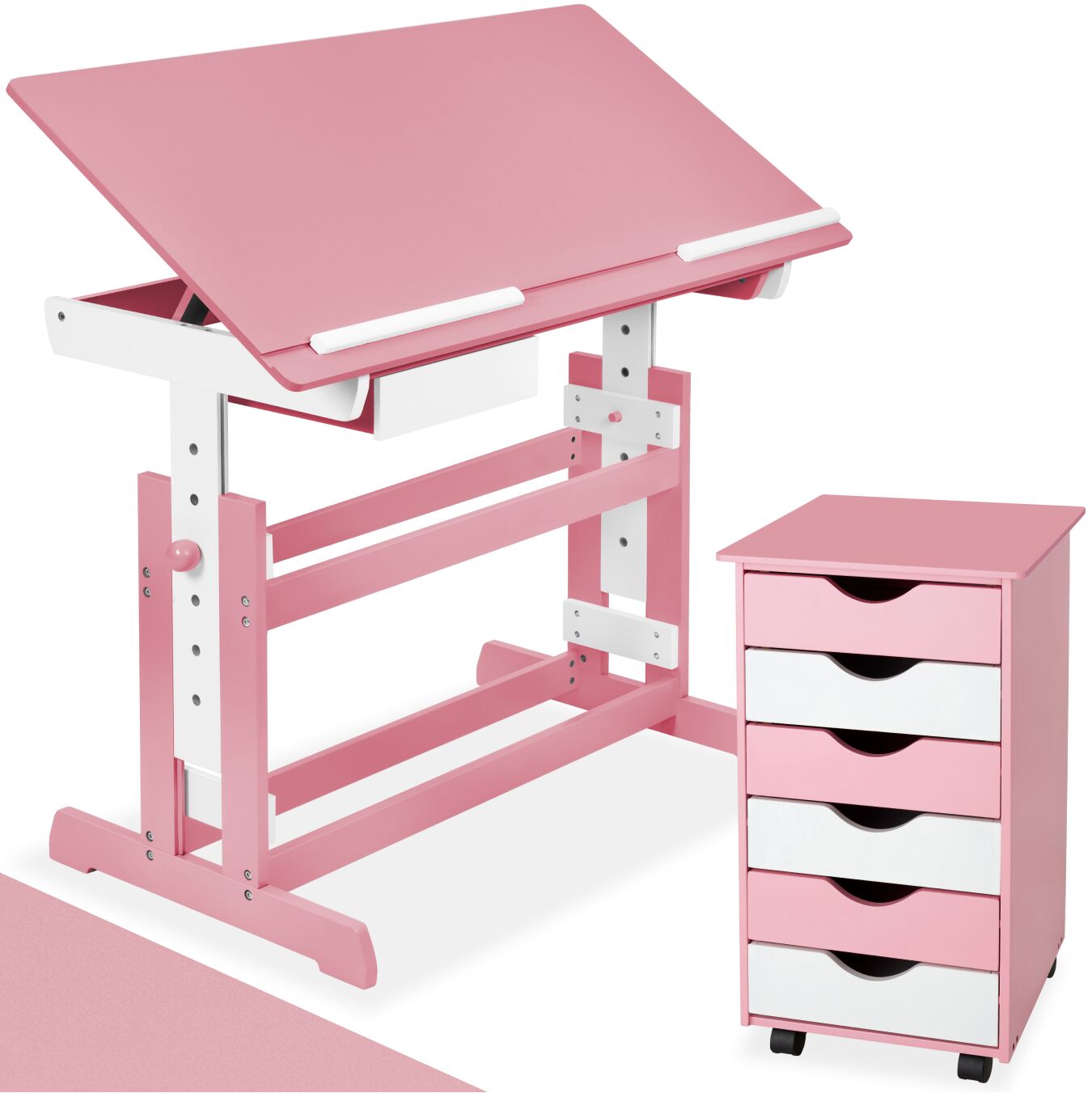 Schreibtisch höhenverstellbar und Rollcontainer - rosa