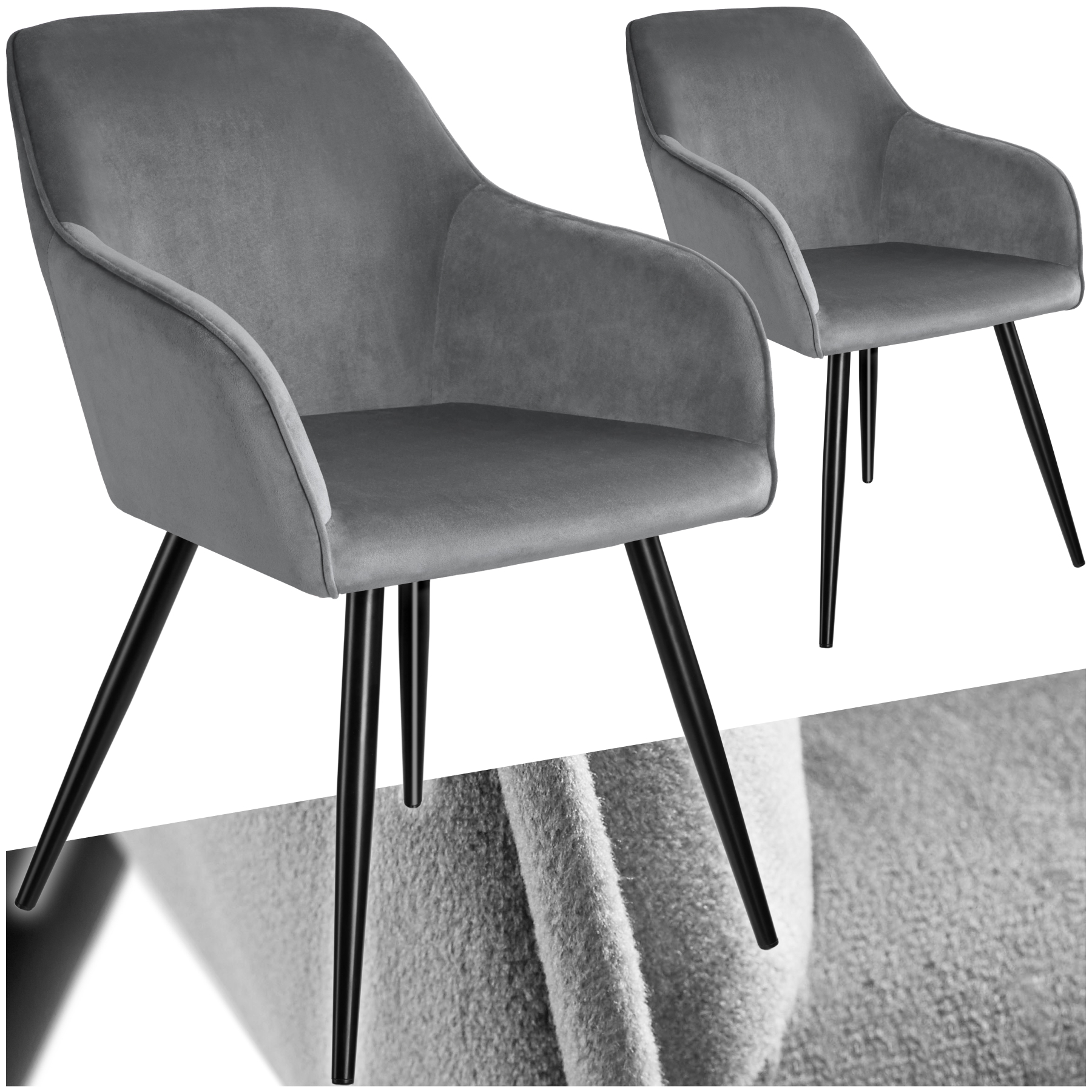 Chaise MARILYN Effet Velours Style Scandinave - gris/noir, Lot de 2 de tectake