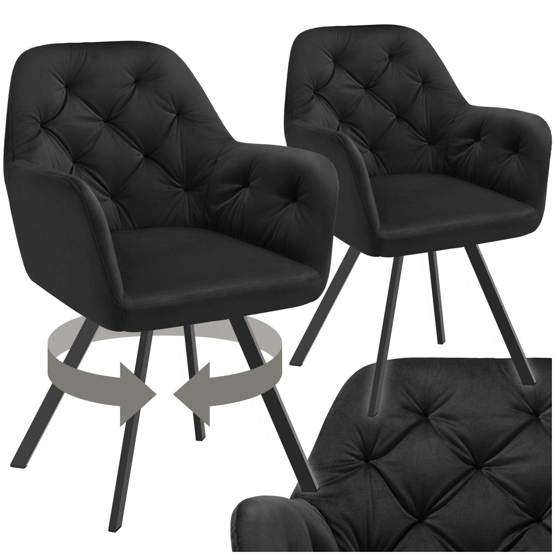 Cadeira de veludo giratória com apoios de braços Lucia, estofada - preto, Conjunto de 2 | tectake