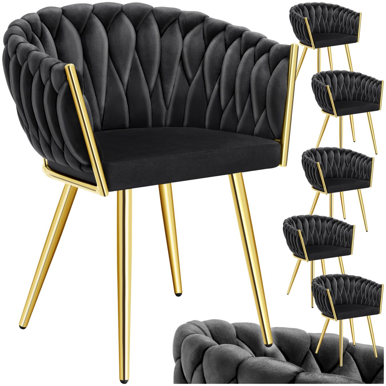 Set Esszimmerstuhl Astano Samt, Knotendesign - schwarz/gold, 6er Set