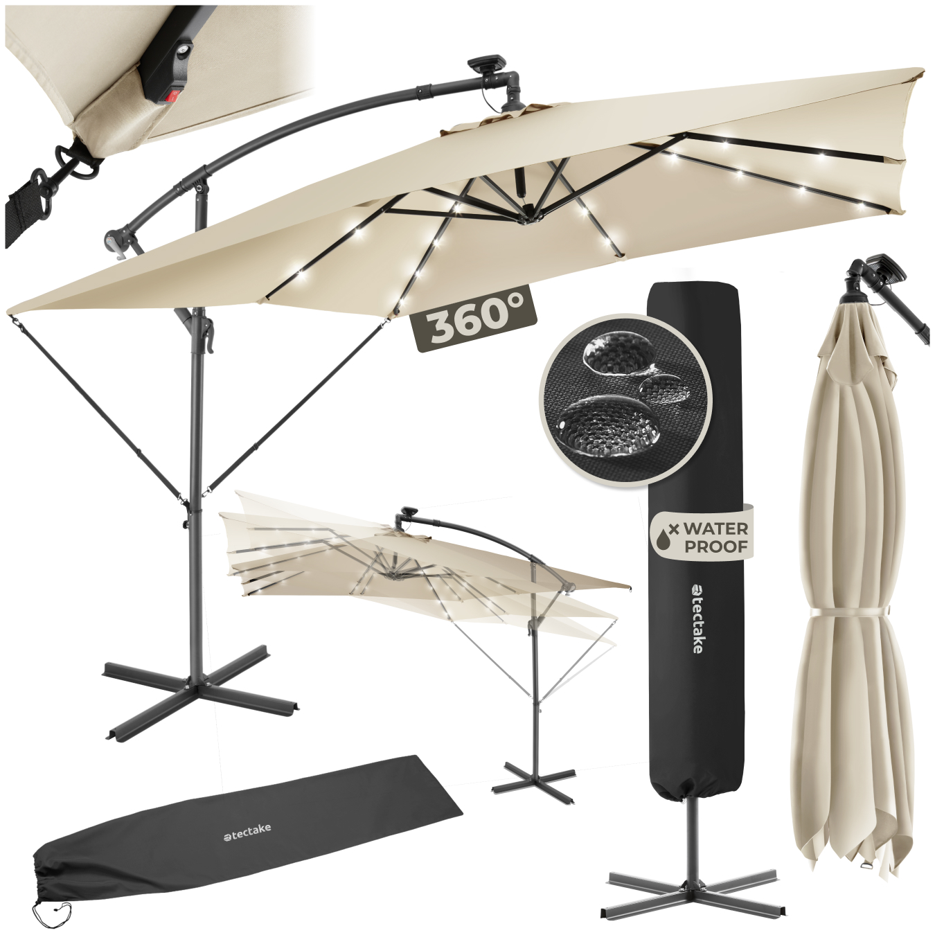 Parasol à LED solaire Sunna avec manivelle 2,5 x 2,5 m - beige de tectake