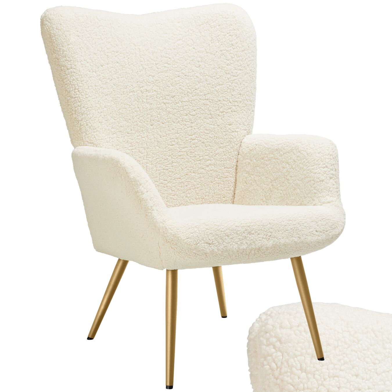Armchair Hygge - padded, armrests and ergonomic backrest, 150 kg load capacity - without stool, Bouclé cream/gold