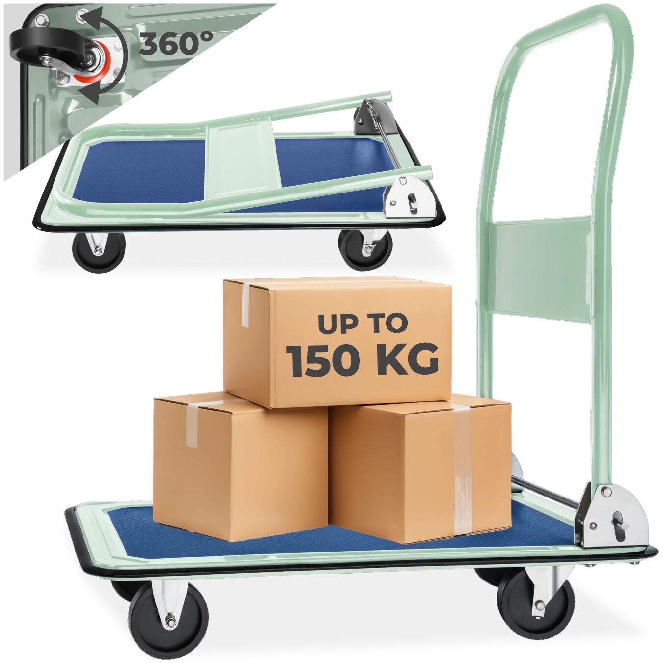 Folding Trolley - 2 fixed, 2 swivel wheels, 150 kg load capacity, 73 x 47 cm load bed - white