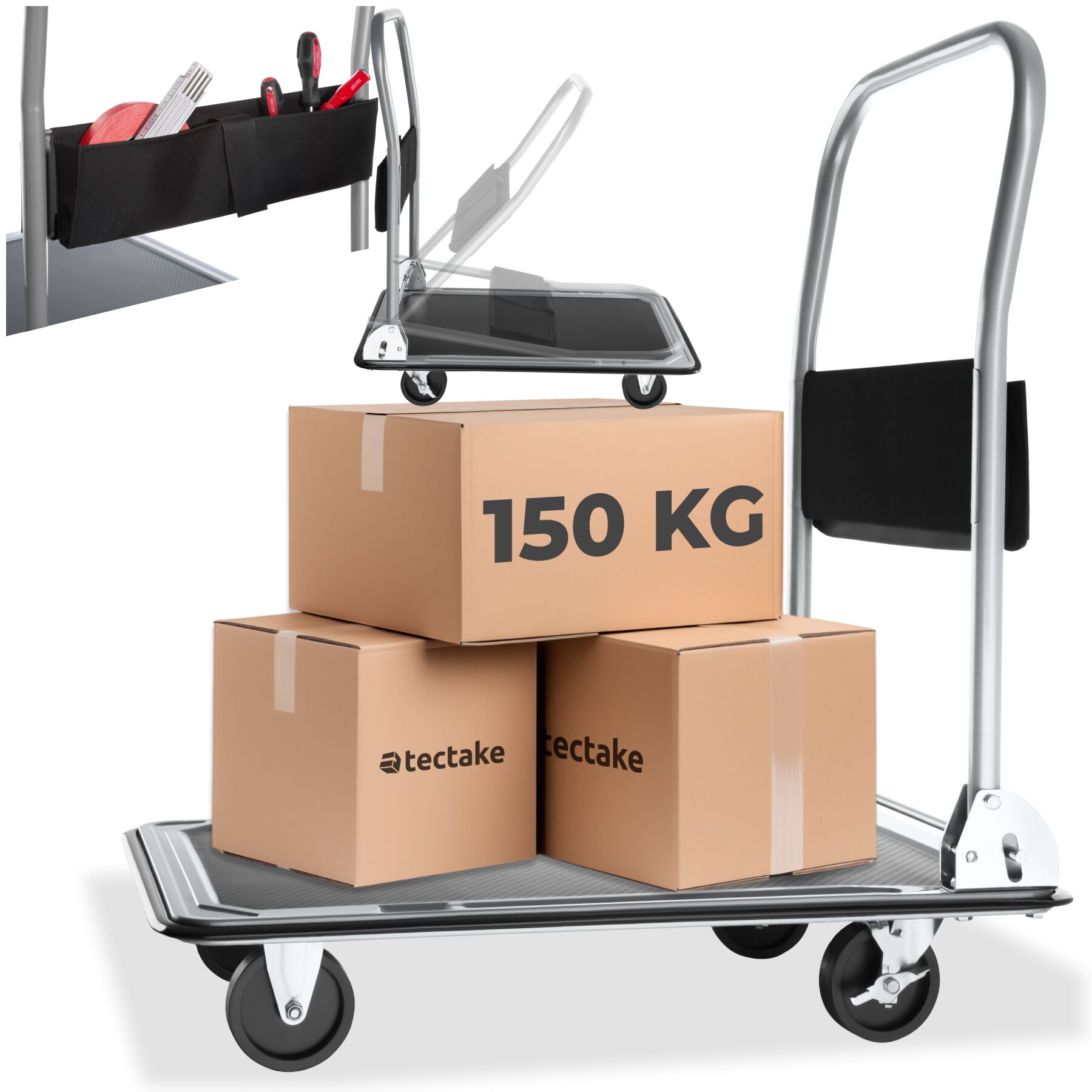 Folding Trolley - foldable handle, 2 fixed, 2 swivel castors, rubberised edge protection - black, 150 kg | tectake