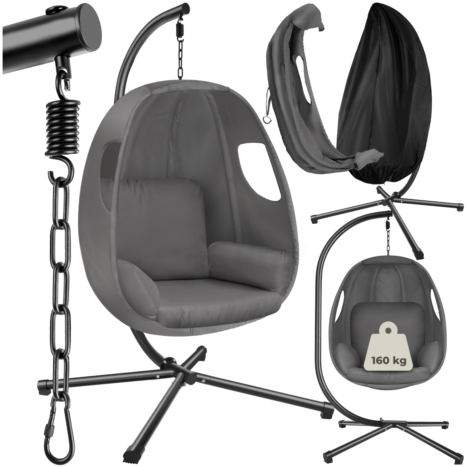 Fauteuil suspendu ANIKA avec cadre et coussin 160kg - gris anthracite | tectake