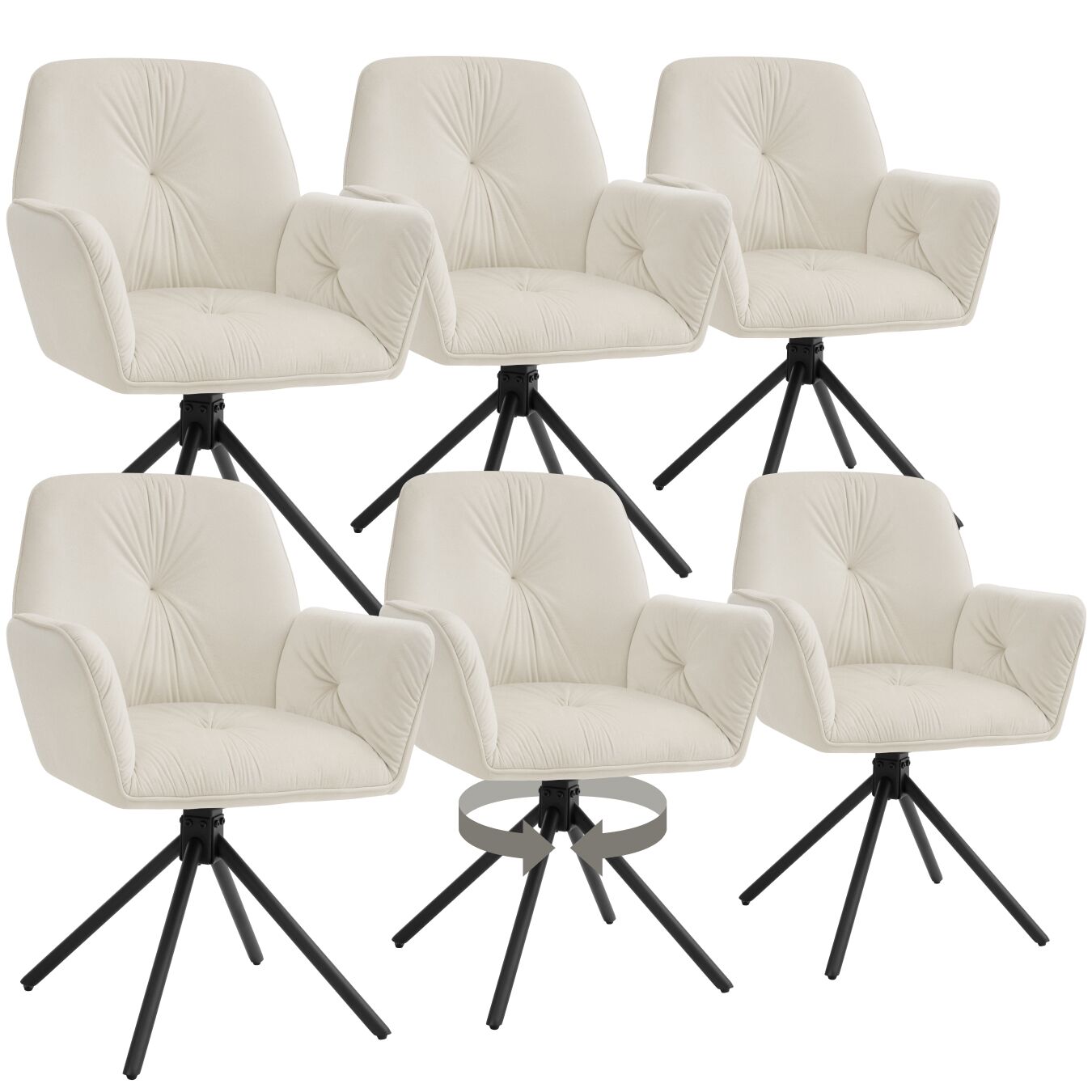 Swivel Chair Lenia in Upholstered Velvet Look with Thick Padding - velvet cream/black, Set of 6 | tectake