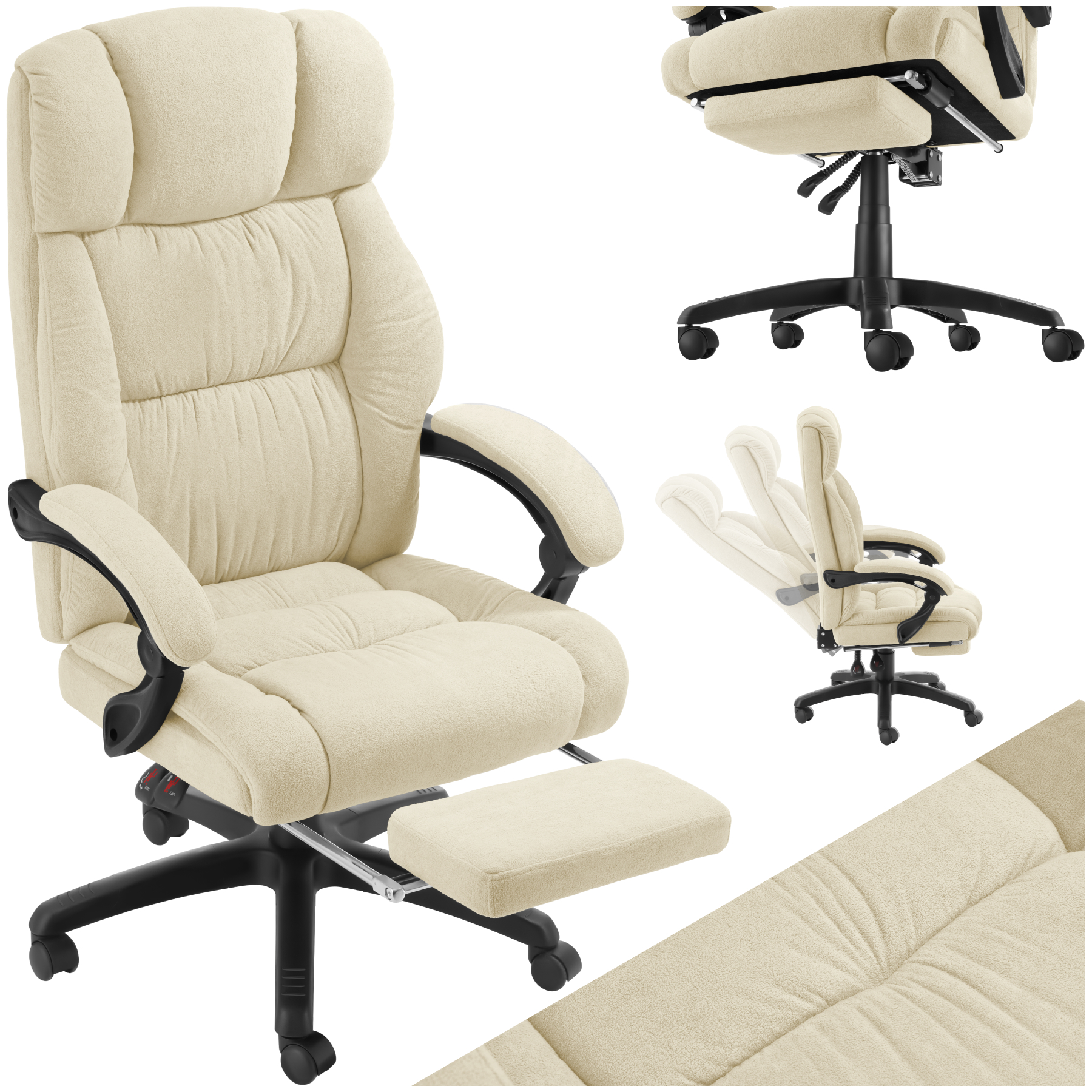 Office Chair Gillian with Folding Footrest, 360 Swivel, Padding and Velour cover - beige