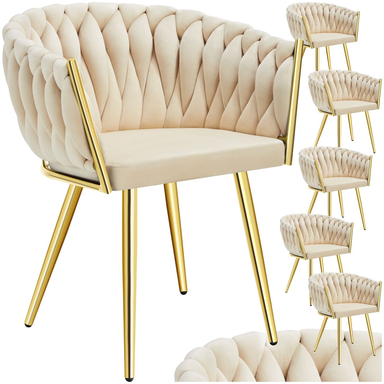 Set Esszimmerstuhl Astano Samt, Knotendesign - sandfarben/gold, 6er Set