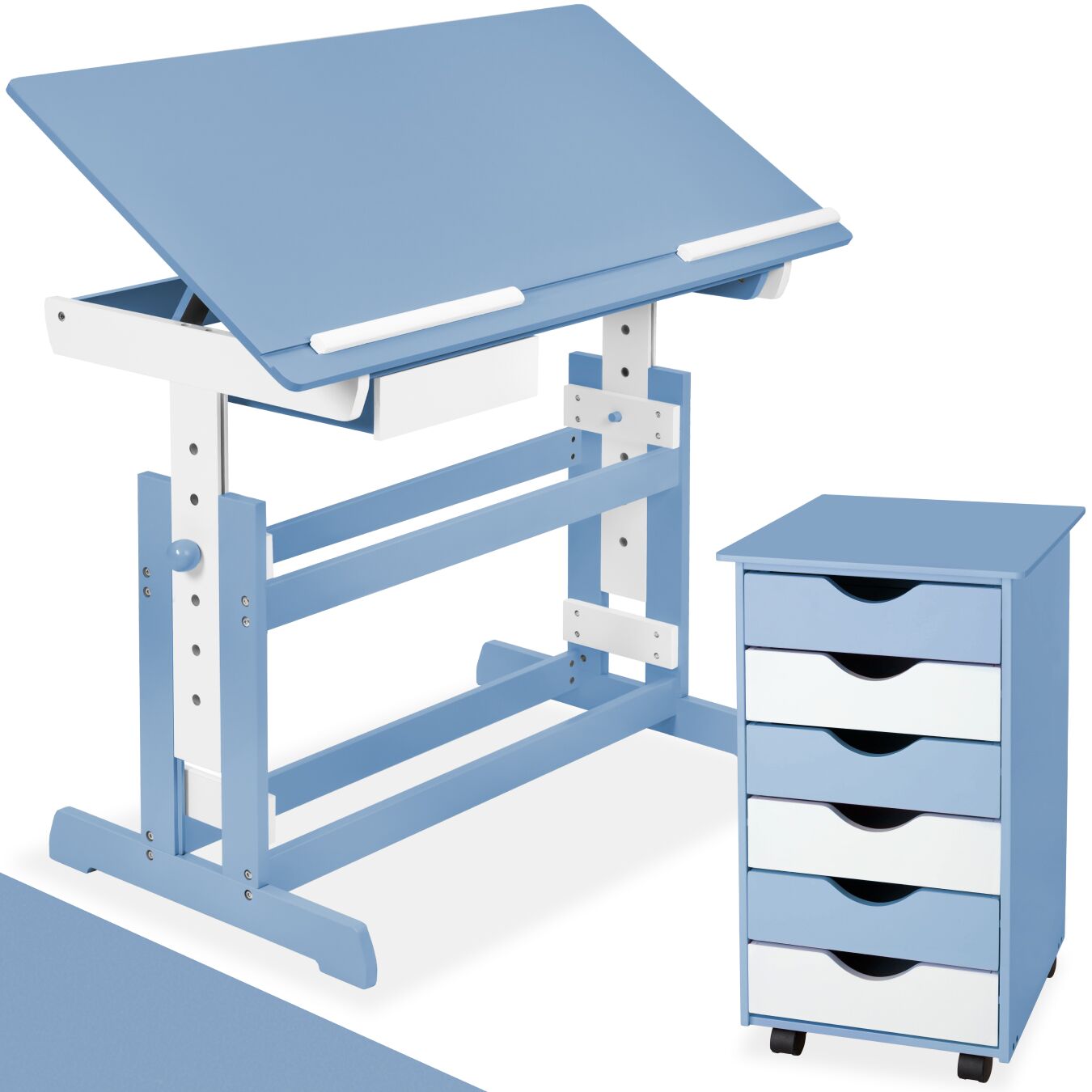 Schreibtisch, und Rollcontainer mit 6 Schubladen, aus Holz, Tischplatte neigbar und 7-fach höhenverstellbar - blau | tectake