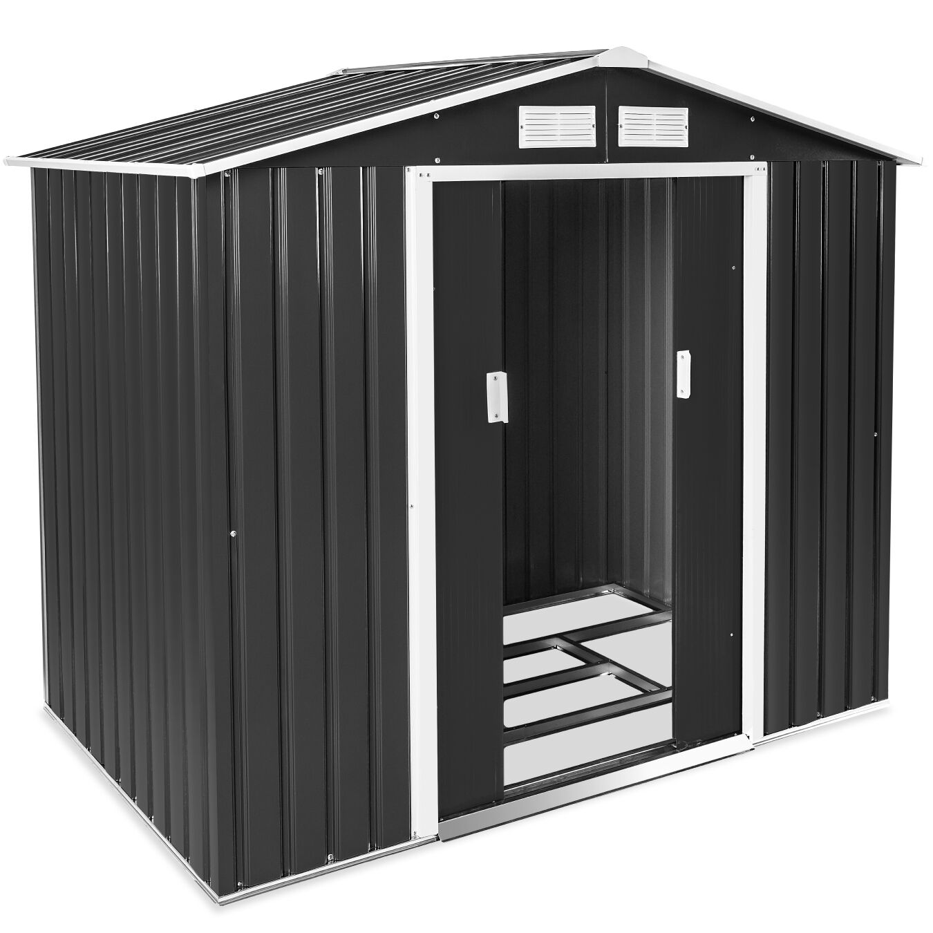 Shed with Gable Roof - steel, foundation included, 214 x 130 x 185 cm - grey/white | tectake