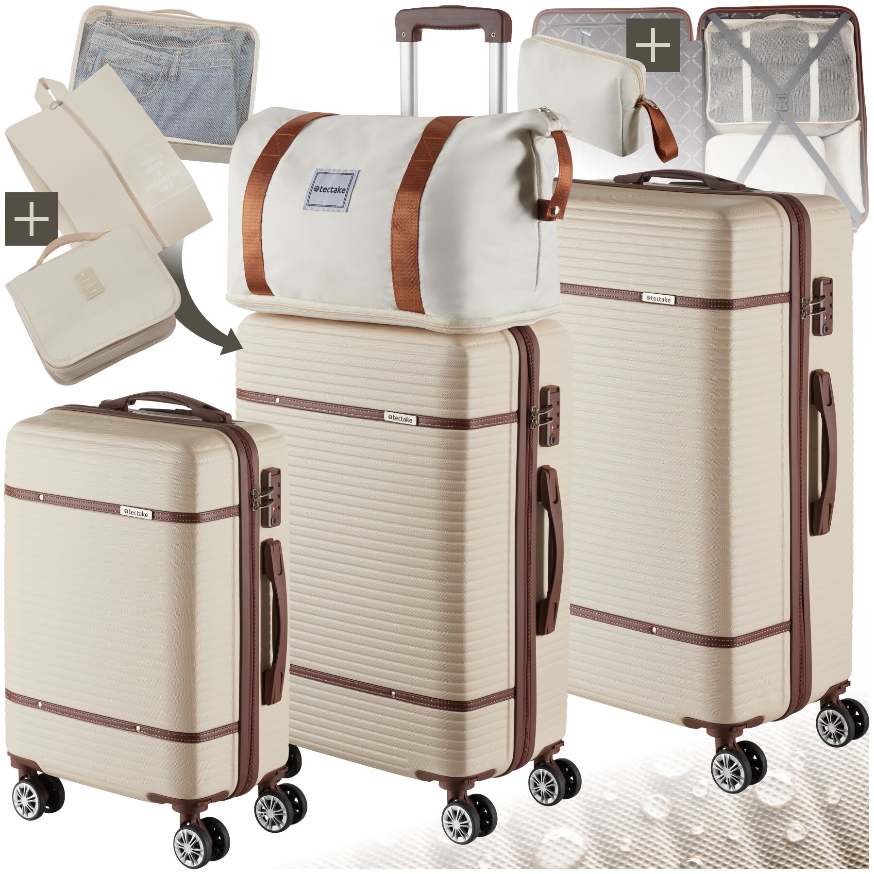 Set di valigie da viaggio Madison, 13 pezzi, lucchetto TSA - crema | tectake