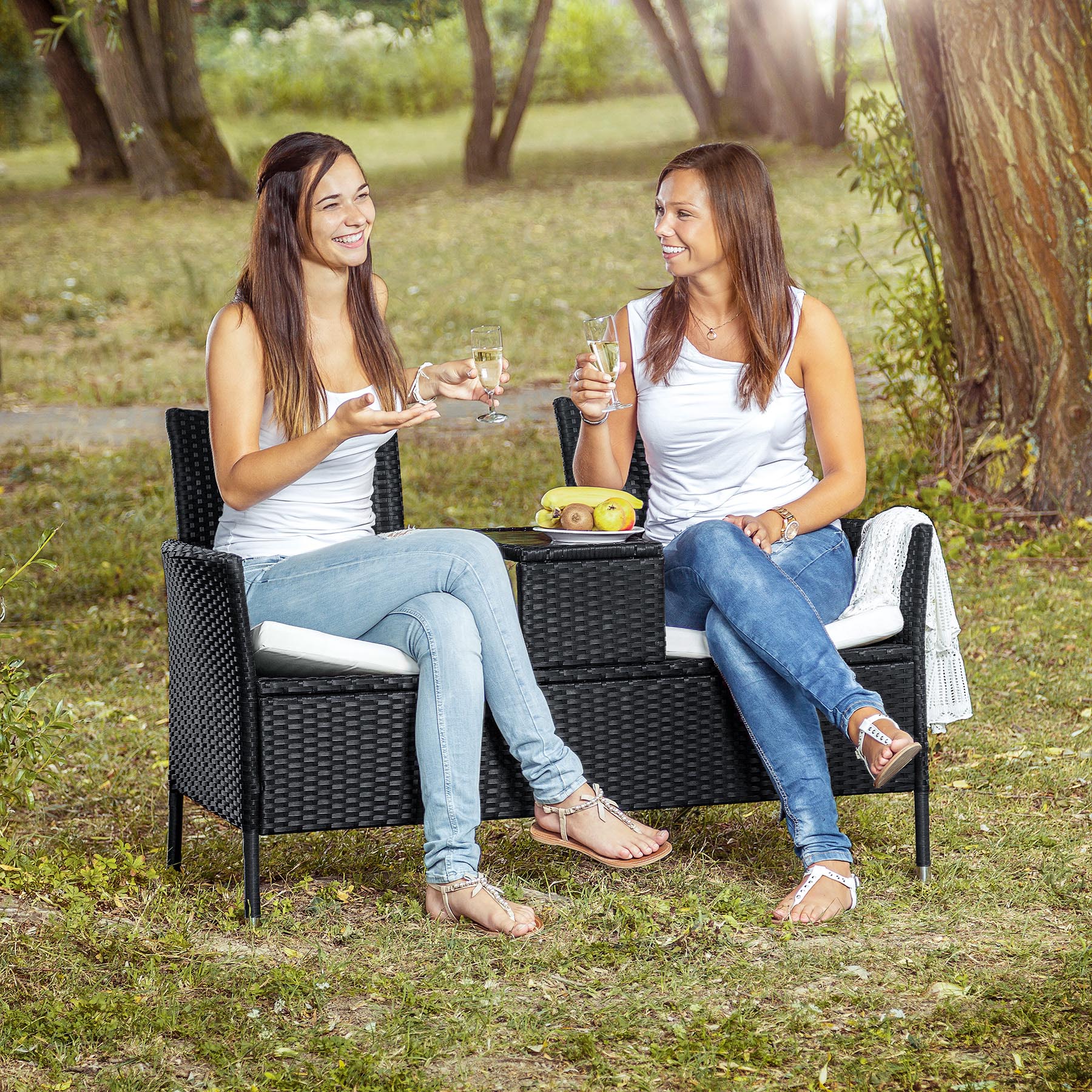 Poly Rattan Bench Glass Table Garden Furniture 2 Seats Wicker Patio Balcony New - Picture 9 of 81