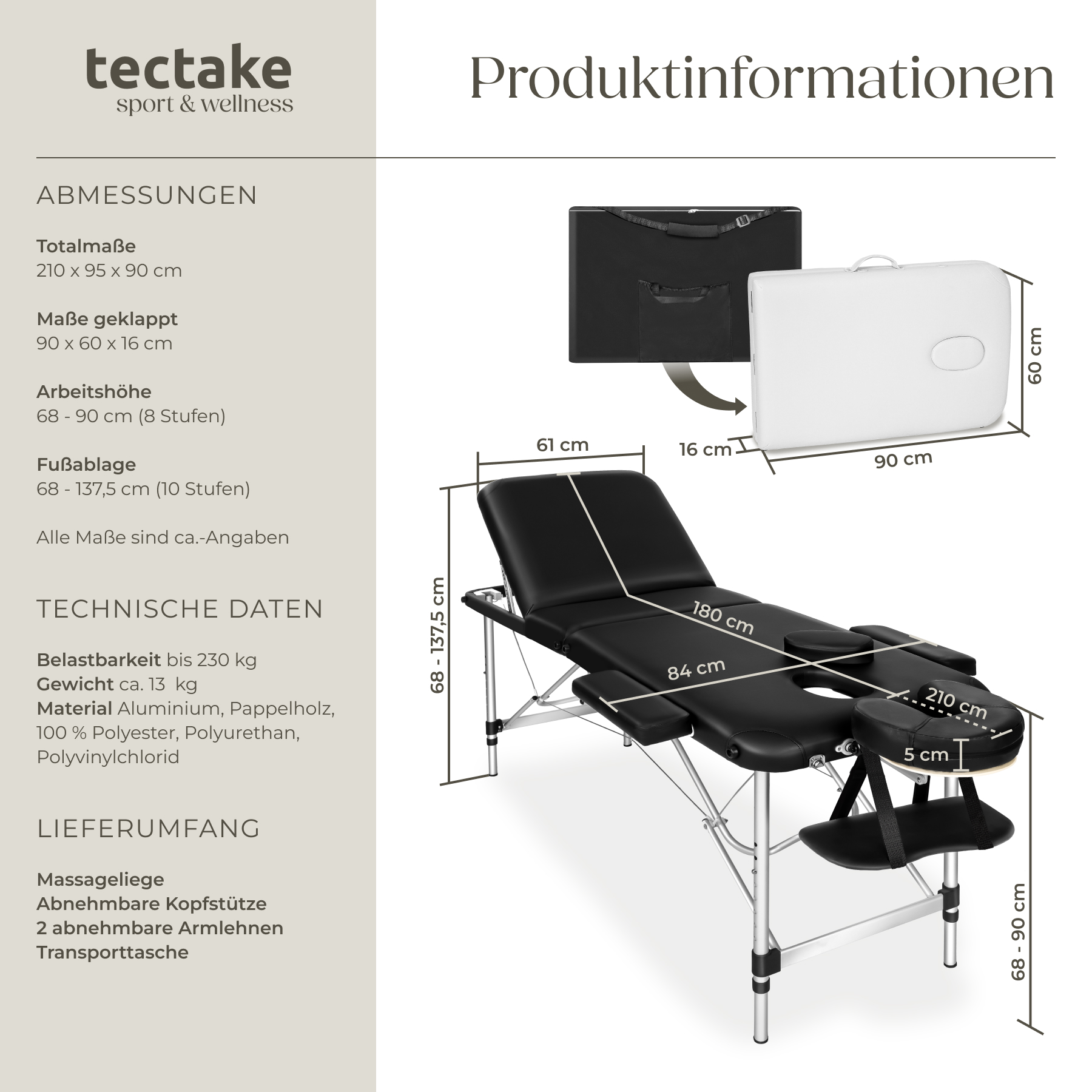 Massageliege 3 Zonen Massagebank Polsterung 5cm Kosmetikliege Aluminiumgestell